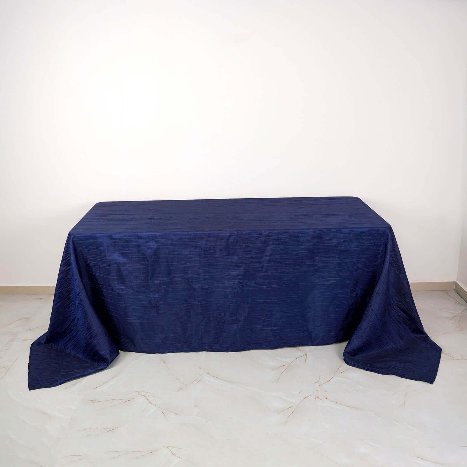 Navy Blue Crinkle Taffeta Rectangle Tablecloth (90x132) - Seamless & Stylish for Events