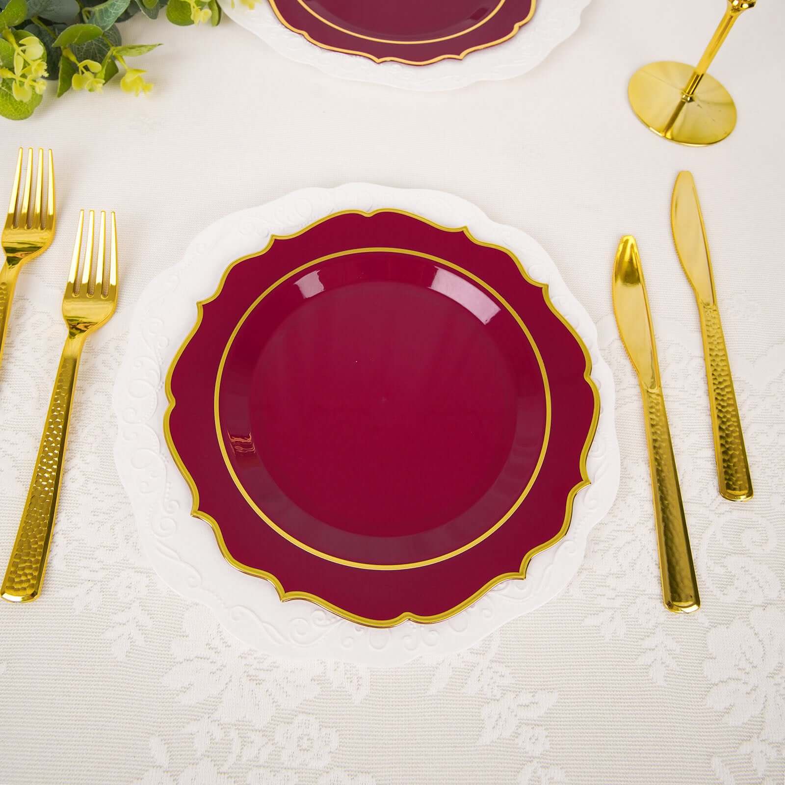 10-Piece Set of Disposable Burgundy Plastic Round Desert Plates with Gold Scalloped Rim, 8-Inch
