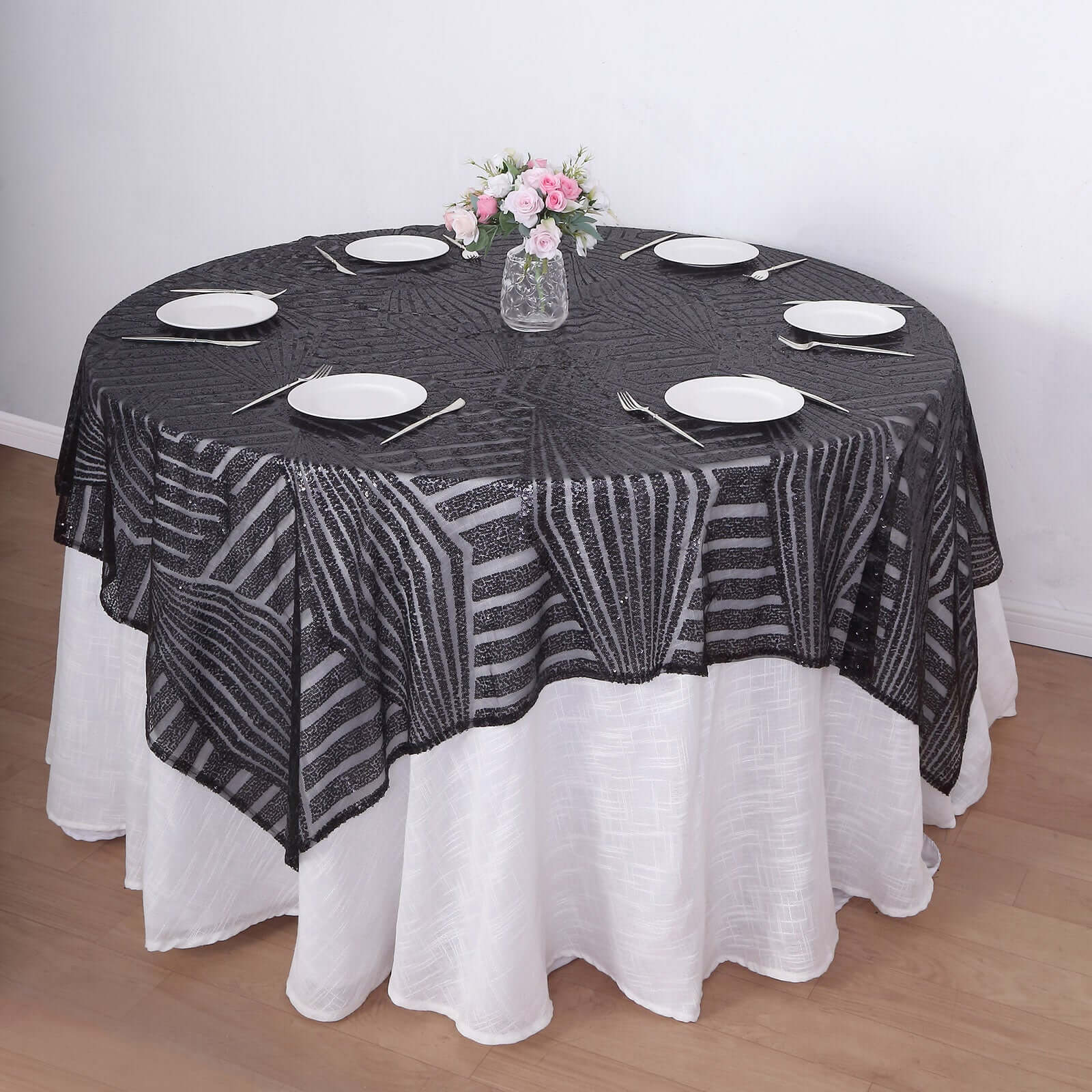 Black Diamond Glitz Sequin 72 Square Table Overlay Tablecloth