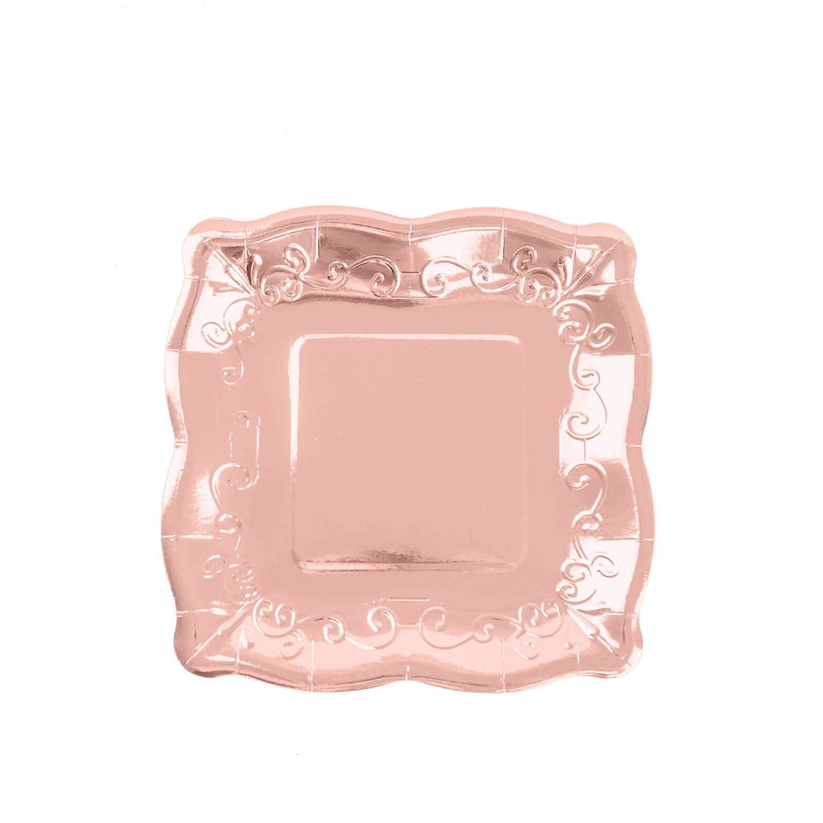 Hot Sale! 25-Pack Disposable Rose Gold Square Dessert Appetizer Paper Plates with Vintage Pottery Embossed Design