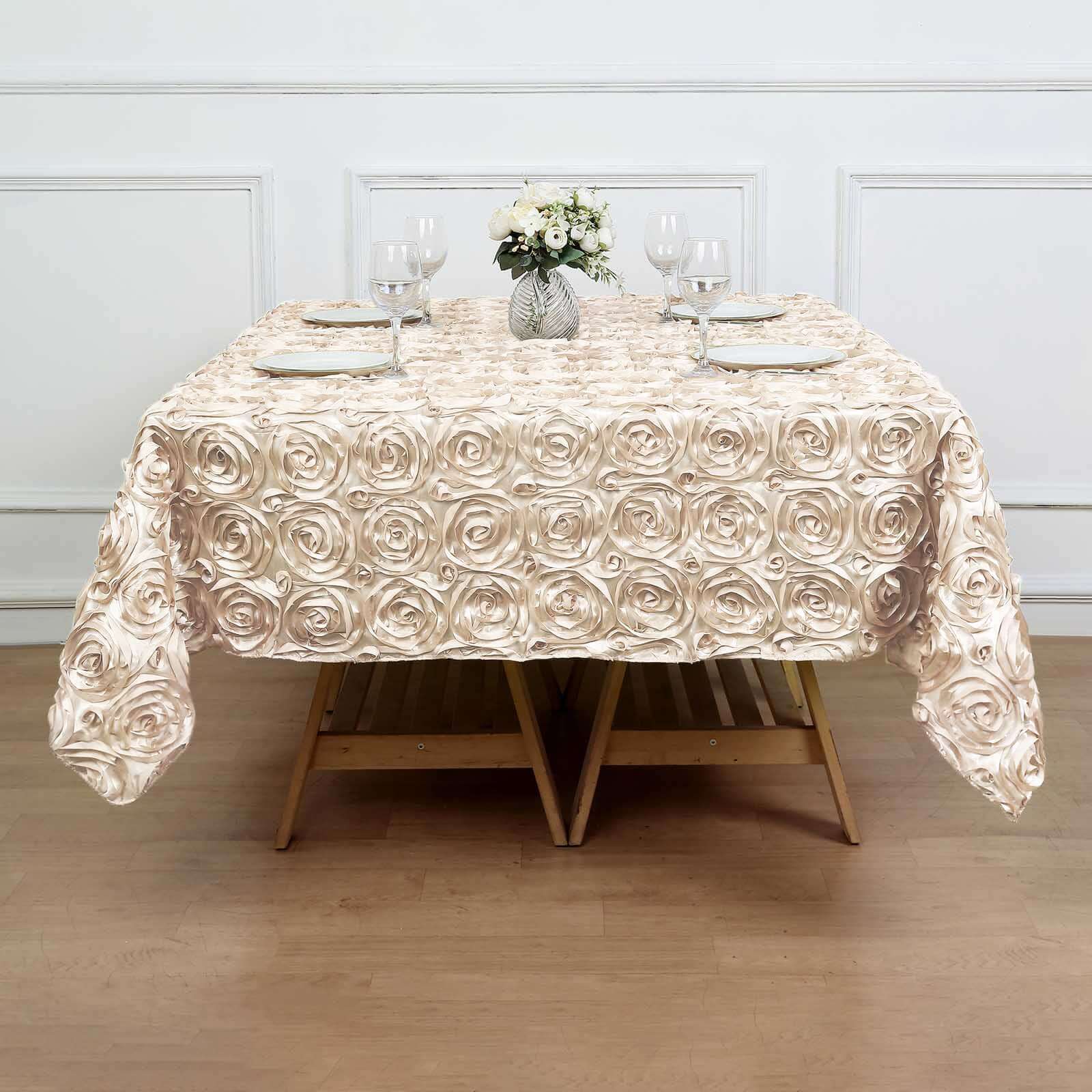 Beige 72x72 Satin Square Table Overlay with 3D Rosette Design