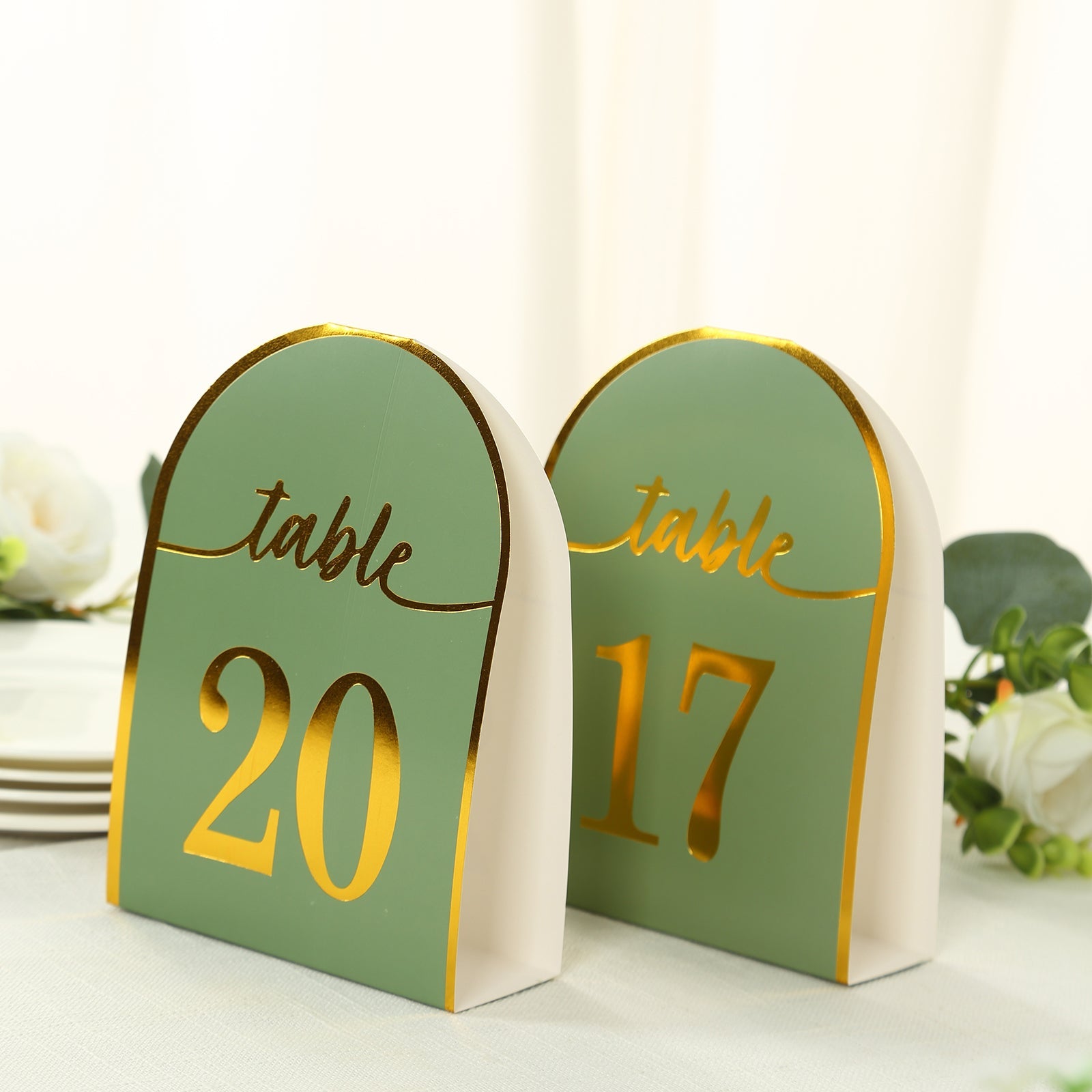 Hot Deal! 25-Pack Sage Green Disposable Double-Sided Table Numbers with Gold Foil 1-25