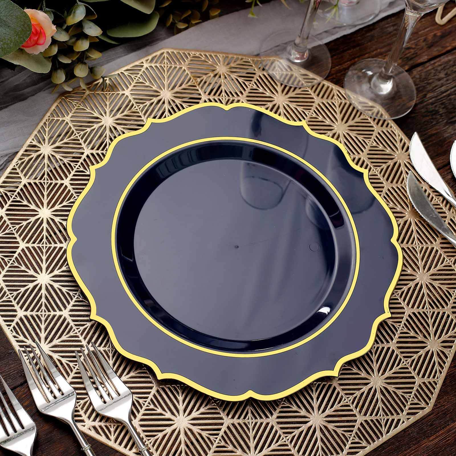 10-Pack Disposable Navy Blue Plastic Round Dinner Plates with Gold Scalloped Rims - Ideal for Parties