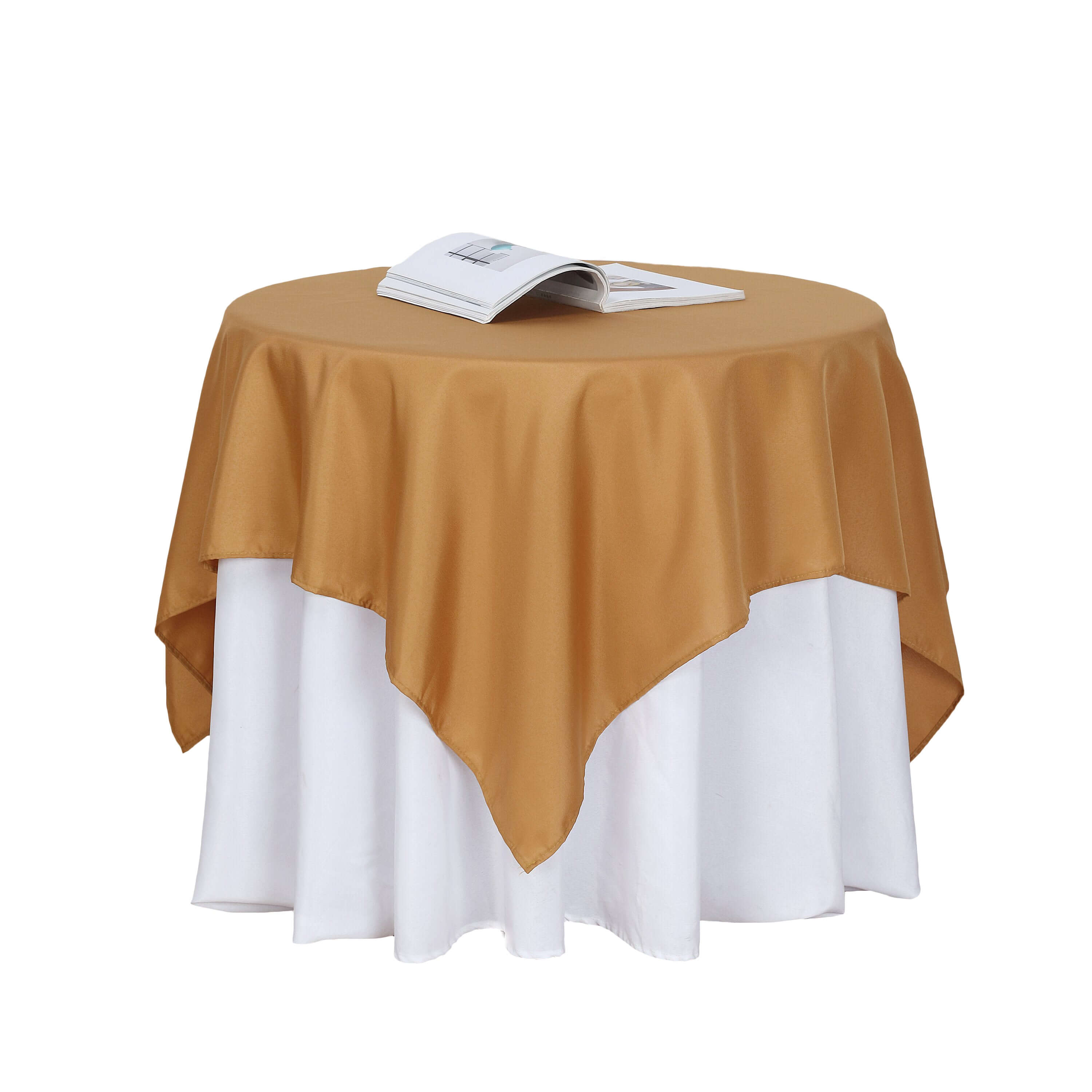 Wrinkle-Resistant & Durable Gold Polyester 54x54 Square Table Overlay for Events