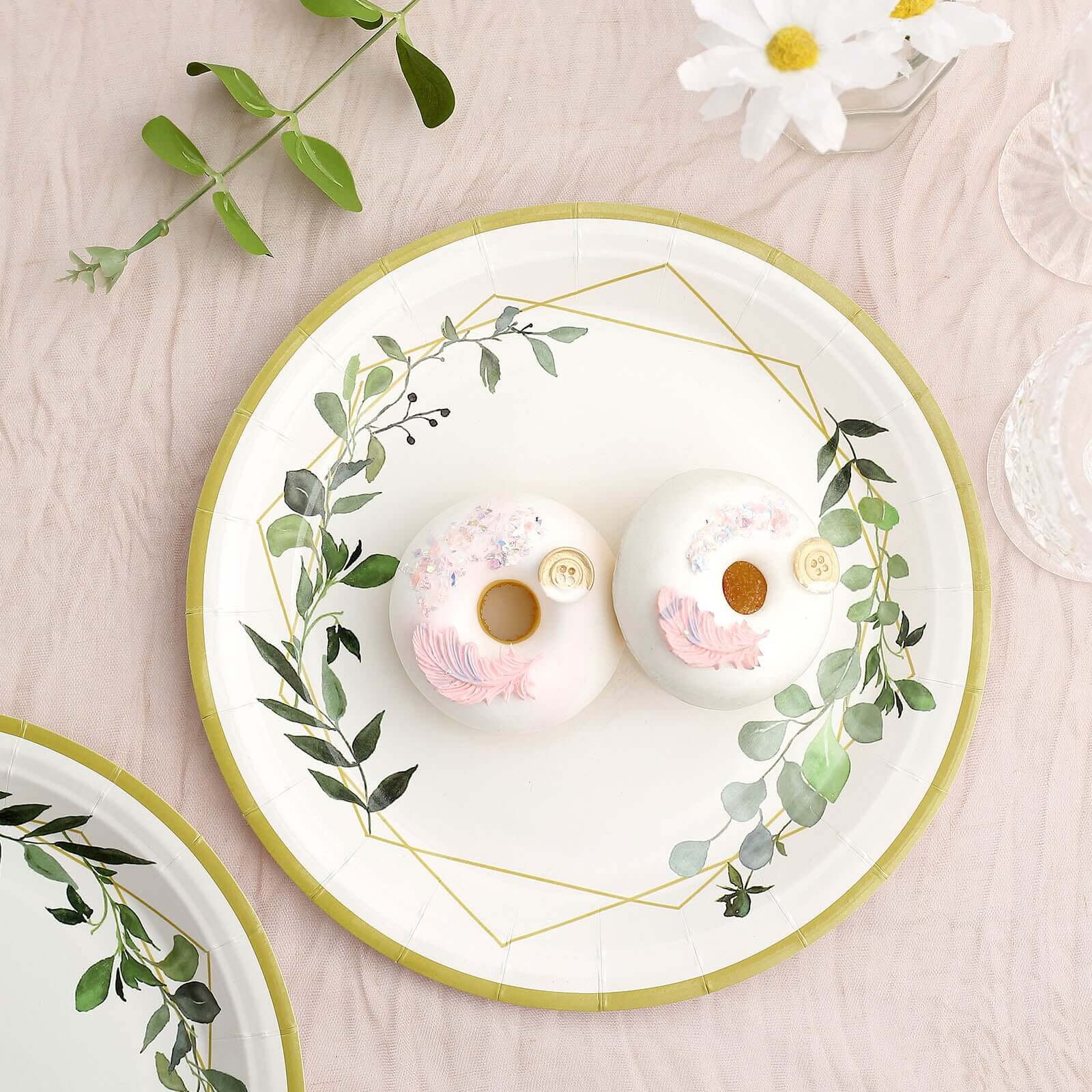 24-Pack 9-Inch White Disposable Paper Dinner Plates with Eucalyptus & Gold Rim