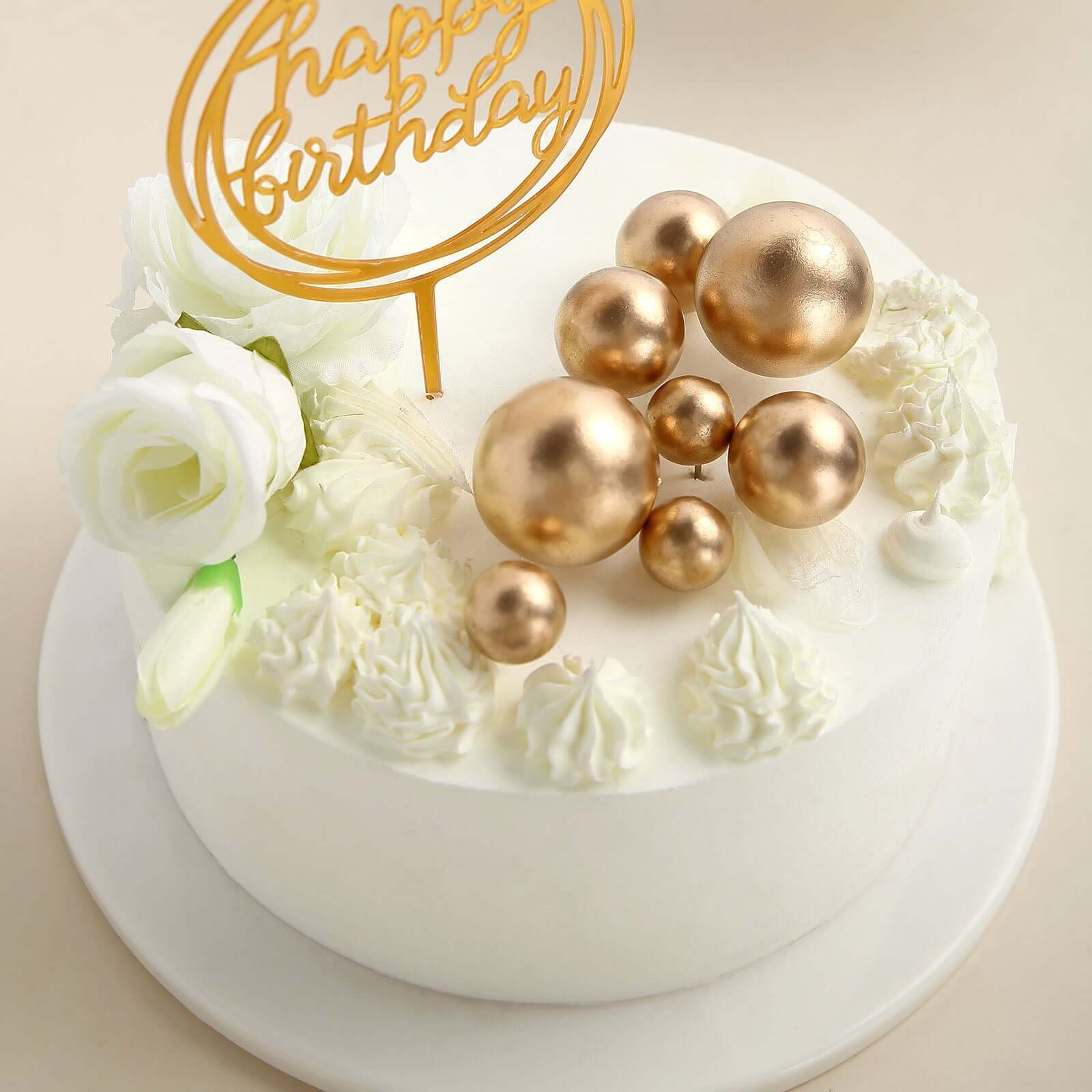 12 Pieces Gold Faux Pearl Ball Cake Toppers in Assorted Sizes for DIY Cupcake Decor