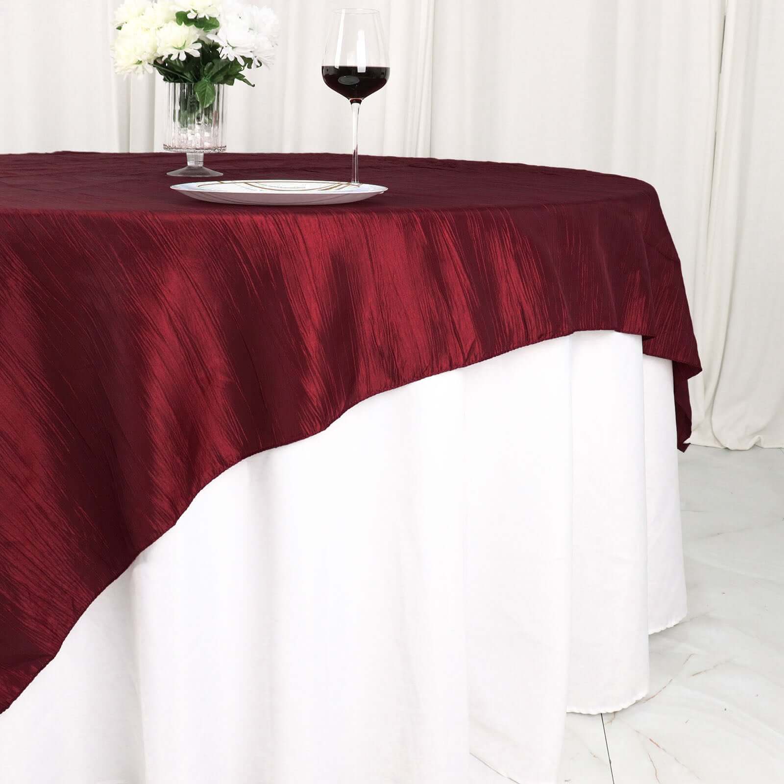 Hot! Burgundy 72x72 Square Accordion Crinkle Taffeta Table Overlay