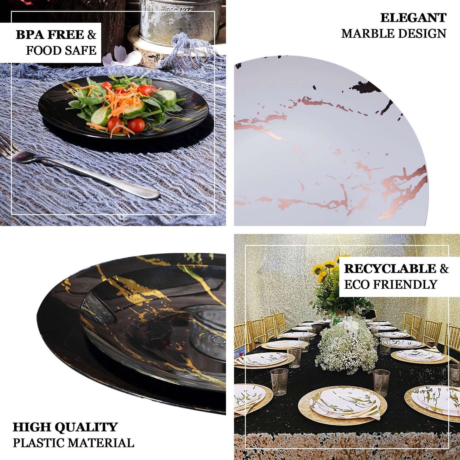 10-Piece Set of White Plastic Round Dinner Plates with Gold Marble Print for Elegant Parties