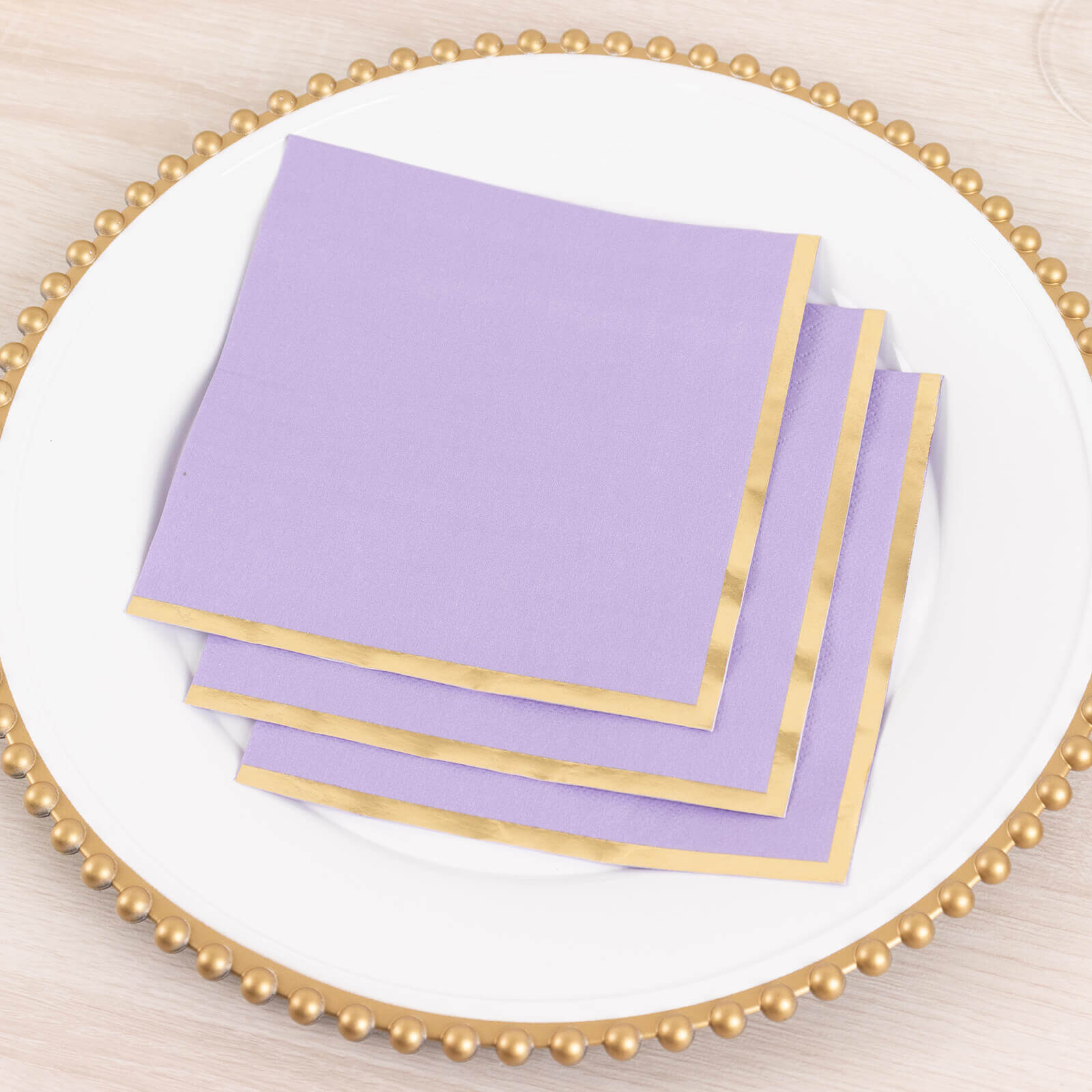 Get 50-Pack Disposable 2-Ply Lavender Cocktail Paper Napkins with Gold Foil Edge for Events