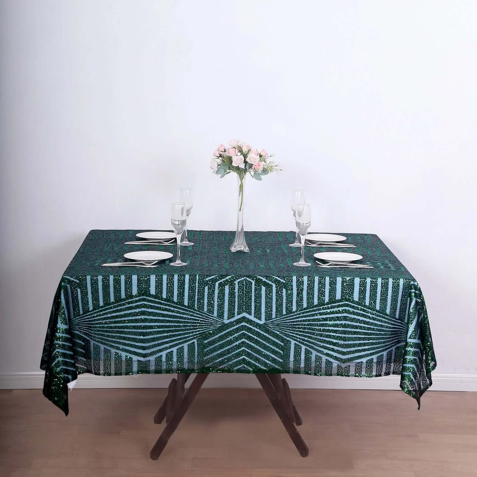 72-Inch Square Hunter Emerald Green Diamond-Pattern Sequin Table Overlay Topper
