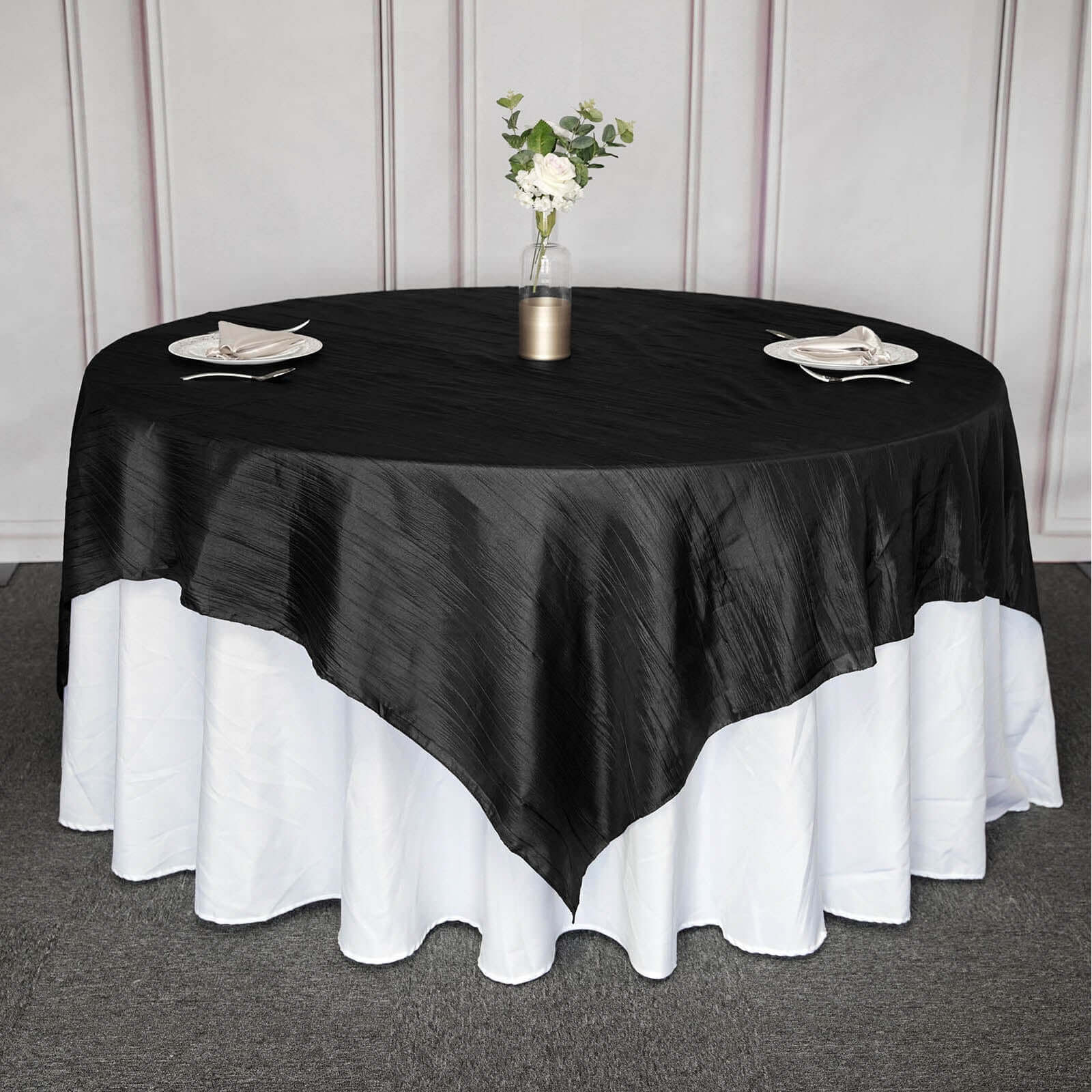 Black Accordion Crinkle 90x90 Square Taffeta Table Overlay Tablecloth