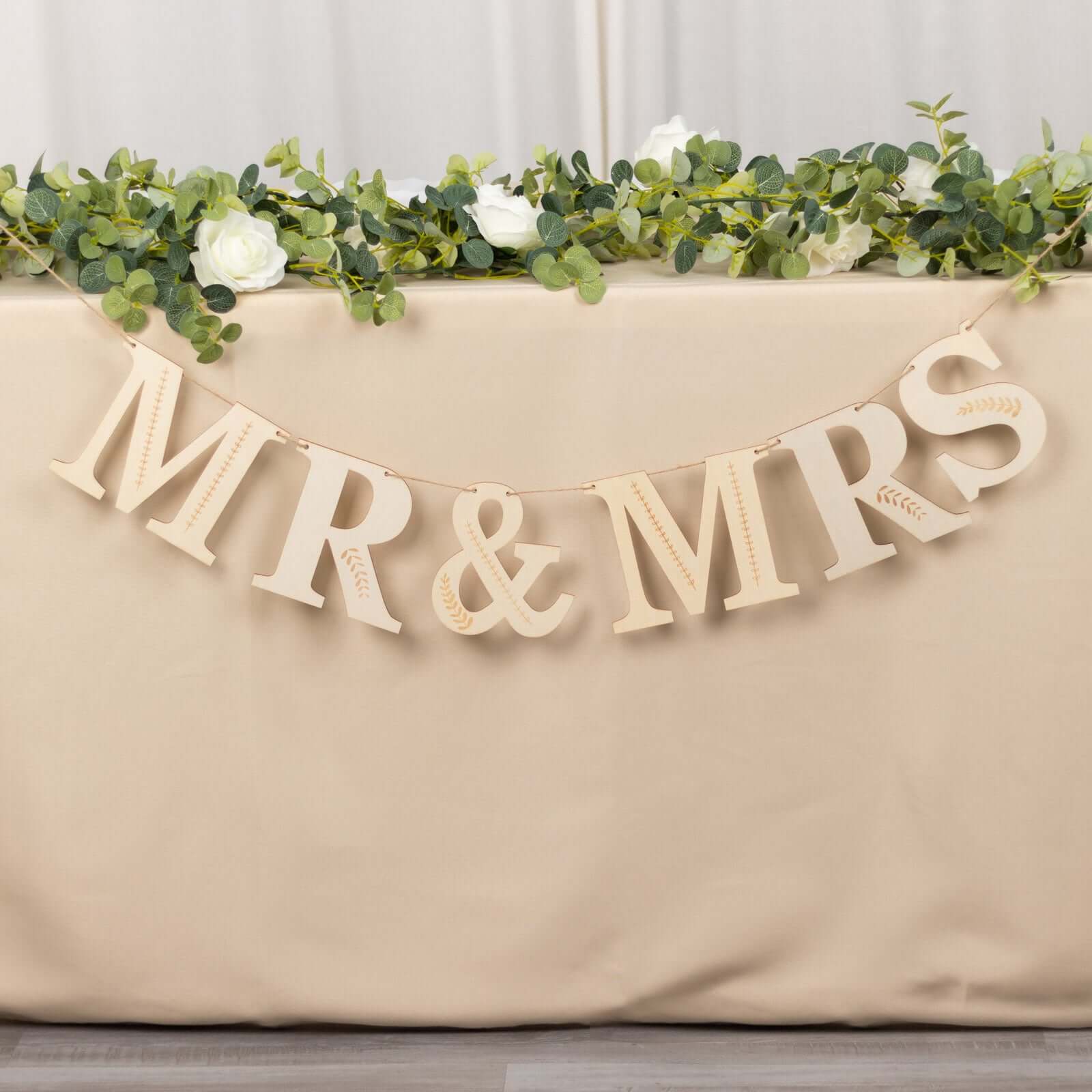 10ft Handmade Natural Pre - Strung Mr & Mrs Wooden Letter Banner with Rustic Botanical Design for Anniversaries