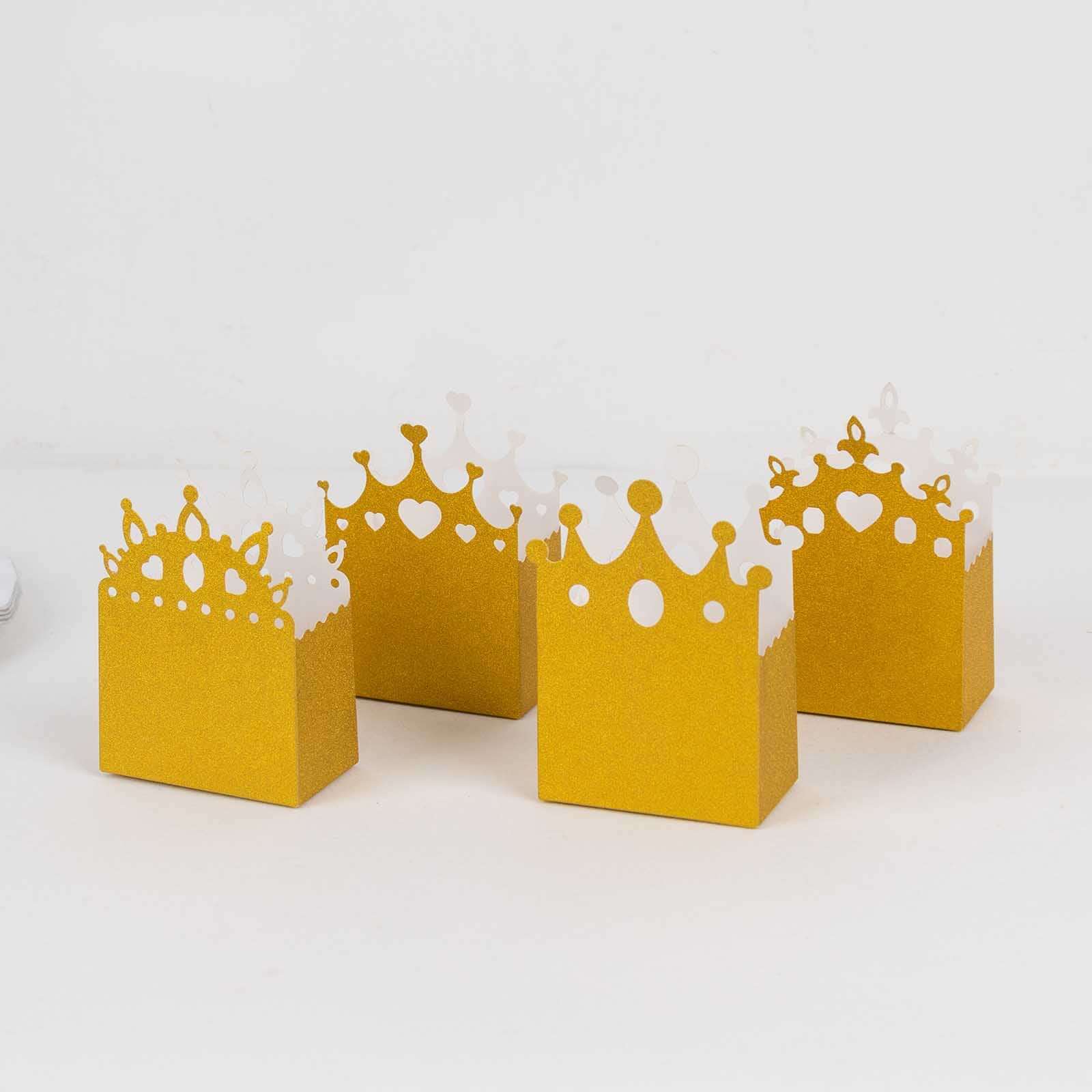 Hot Sale! 20-Pack Gold Glitter Princess Crown Cardstock Favor Boxes for Weddings, Birthdays & More