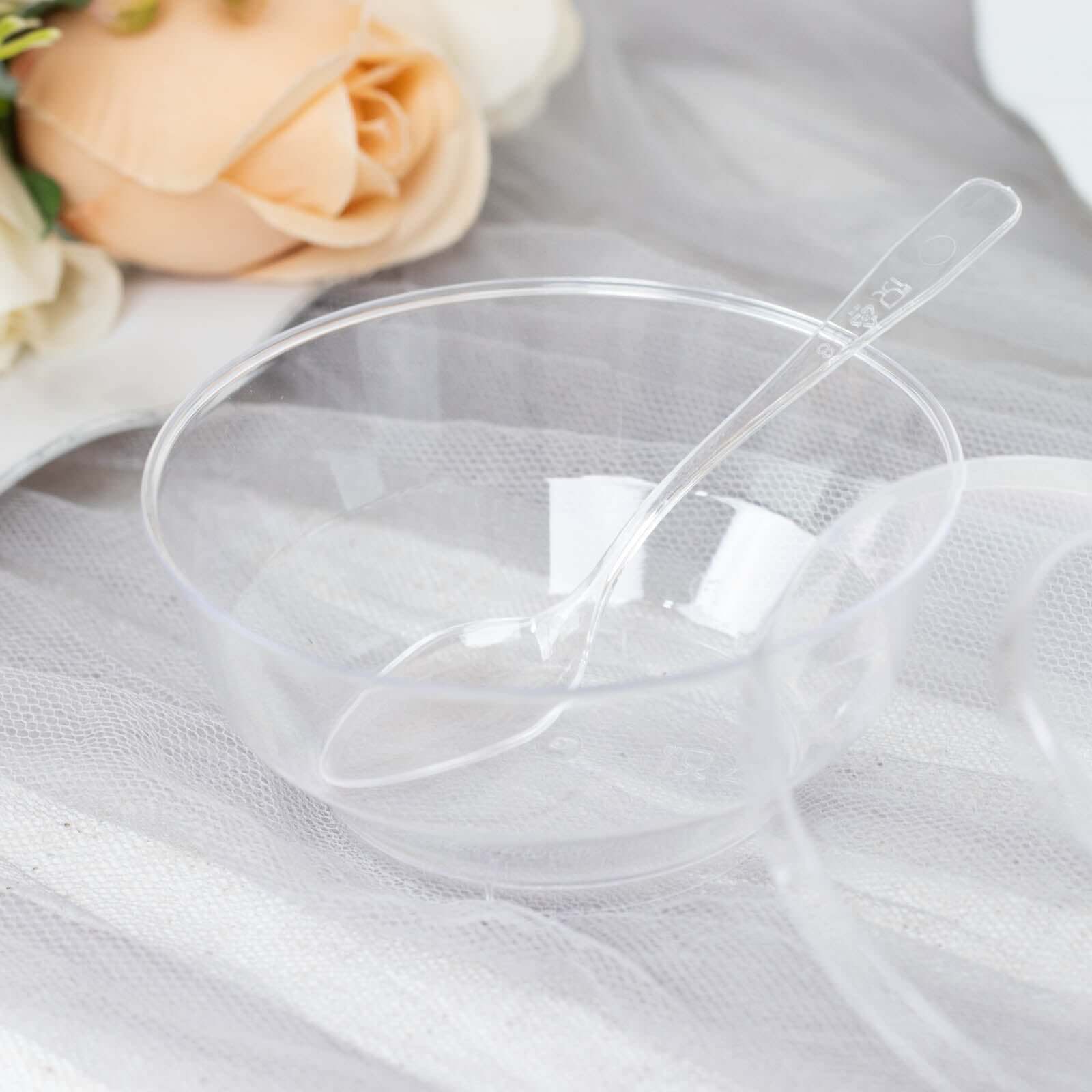 24-Piece Clear Plastic Mini Party Bowl Set with Lid and Spoon - 3.5oz Ideal for Desserts