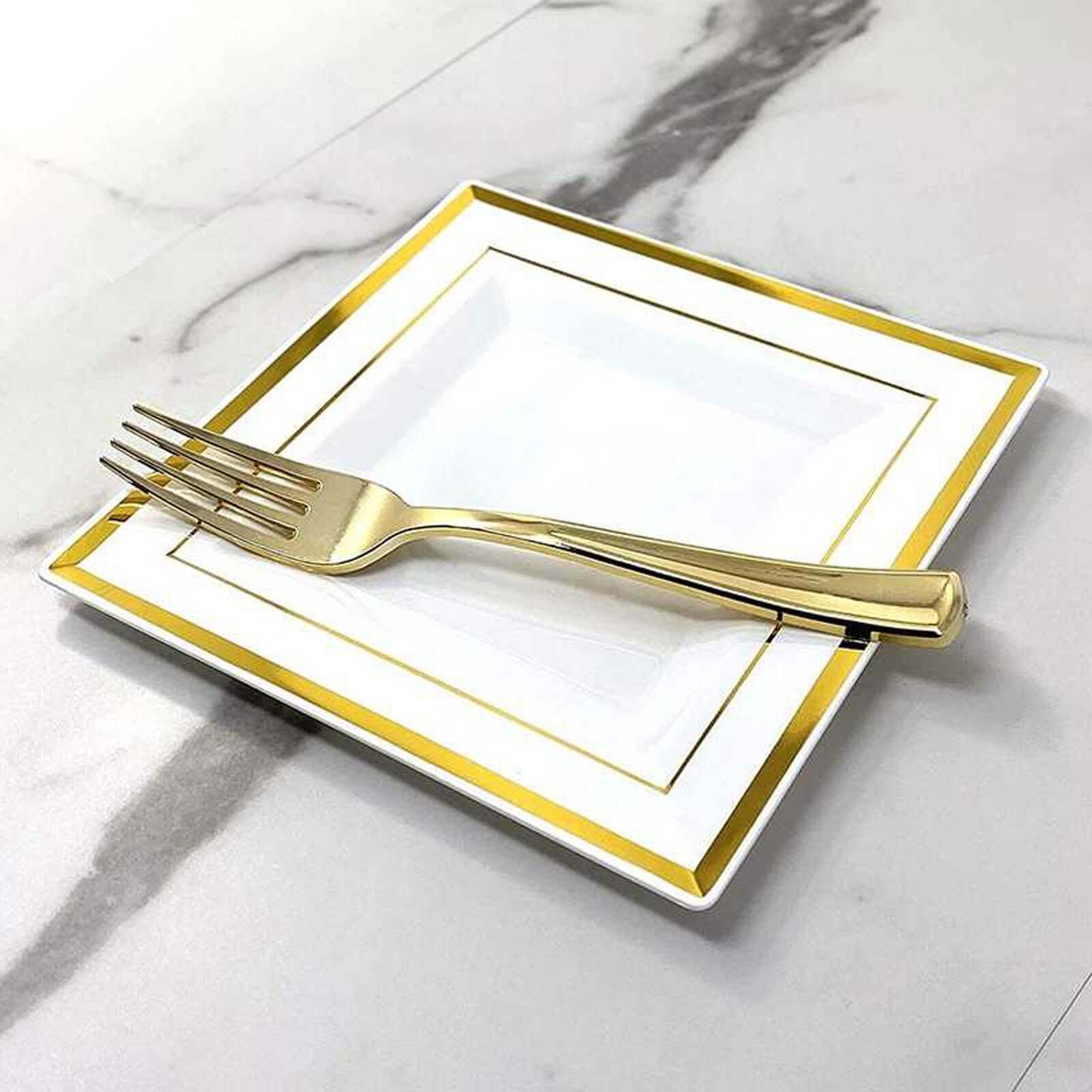10-Pack Disposable White Square Salad & Dessert Plates with Gold Trim, 7" Size