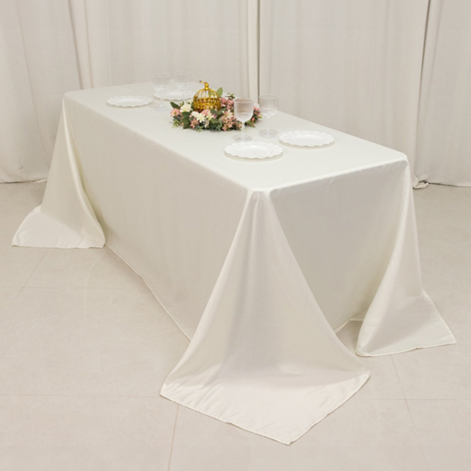 Ivory Lamour Satin Rectangle Tablecloth 90x132 - Soft, Silk - like & Seamless