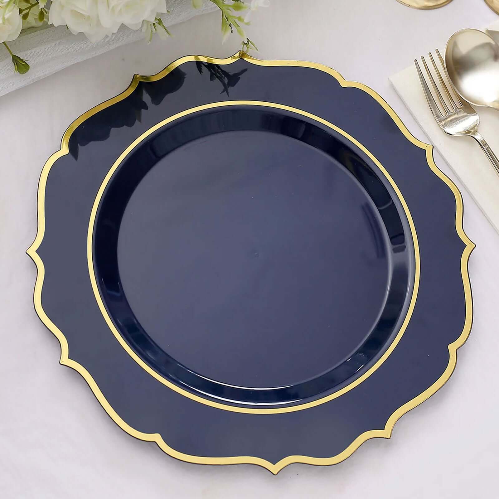 10-Pack Disposable Navy Blue Plastic Round Dinner Plates with Gold Scalloped Rims - Ideal for Parties