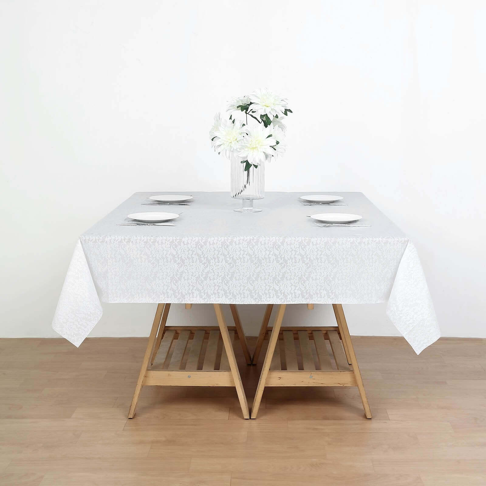 Waterproof Disposable PVC Tablecloths in White Vintage Lace Square Design, 65x65
