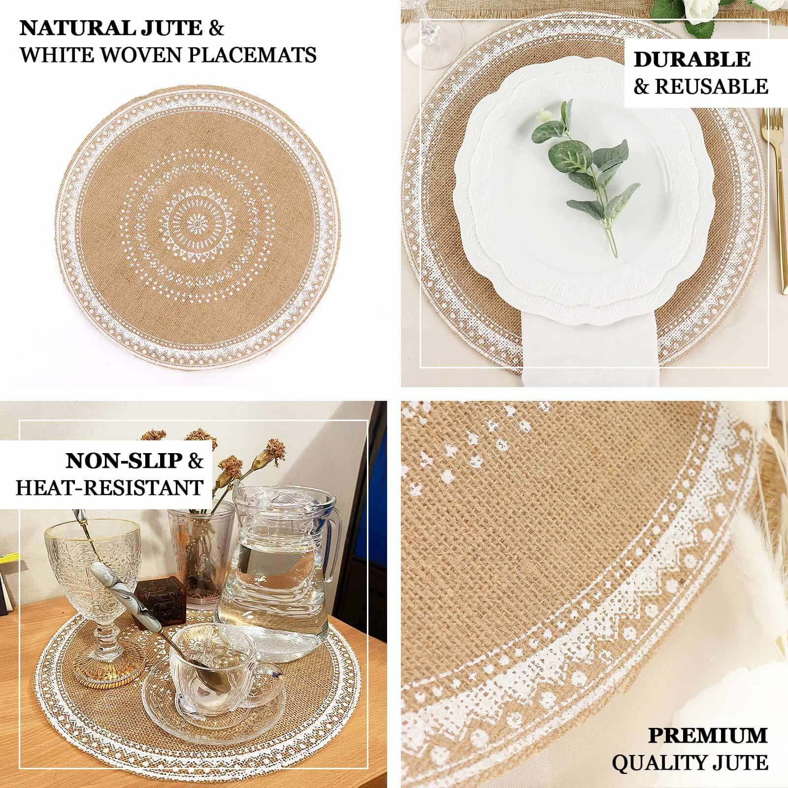 4-Pack Round Braided Placemats in Natural Jute and White - Ideal Rustic Table Mats 15 Inches