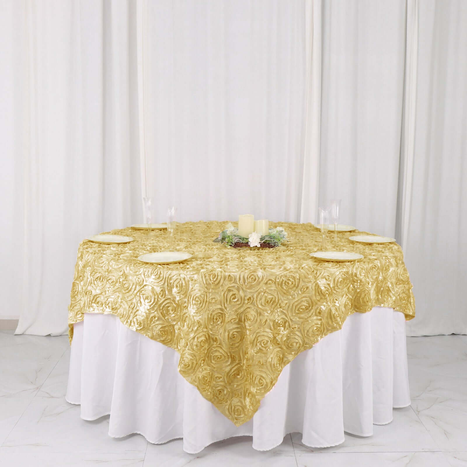 Champagne Satin 72x72 3D Rosette Square Table Overlay - Great for Events