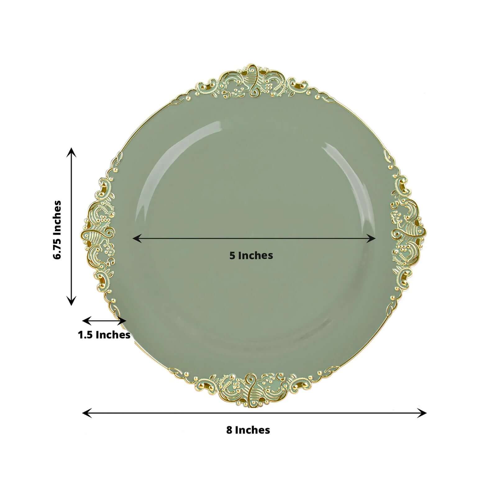 10-Pack Disposable Vintage Baroque Style Plastic Round Salad Dessert Plates in Dusty Sage Green with Gold Leaf Rim