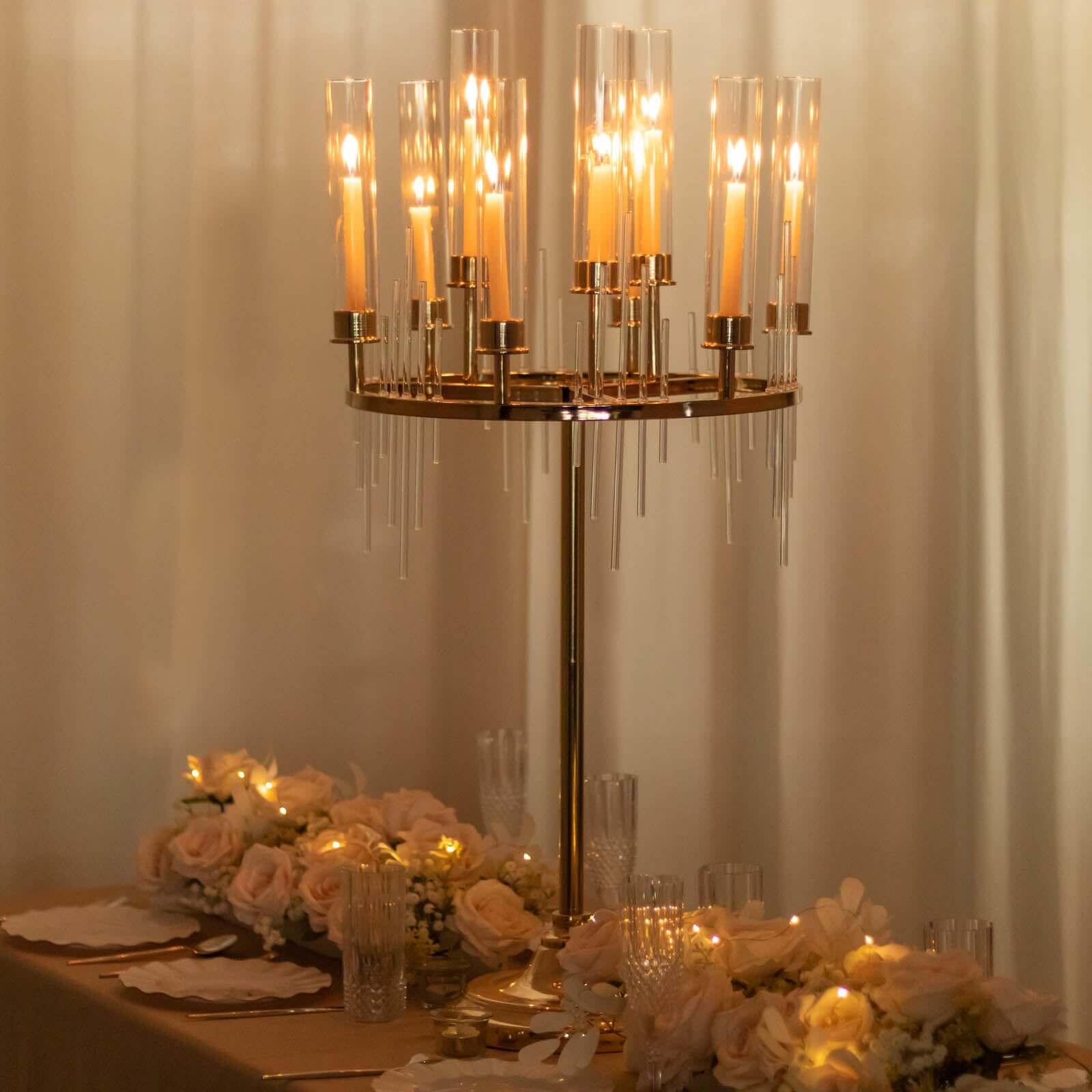 Gold 9-Arm Round Cluster Taper Candelabra Table Centerpiece with Drip Accents and Glass Shades