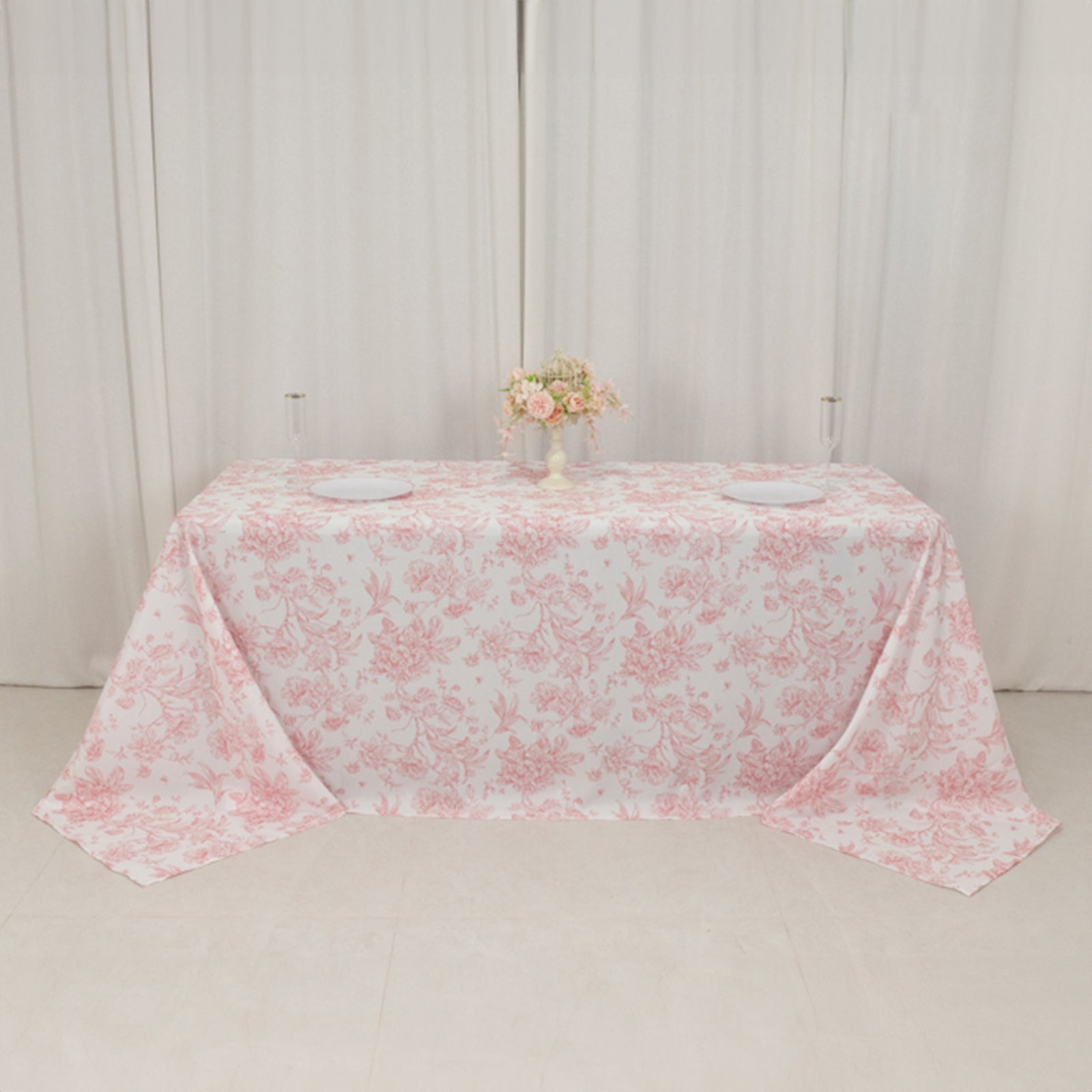 Exclusive Seamless Polyester Rectangle Tablecloth with Pink French Toile Pattern for Formal Celebrations - White