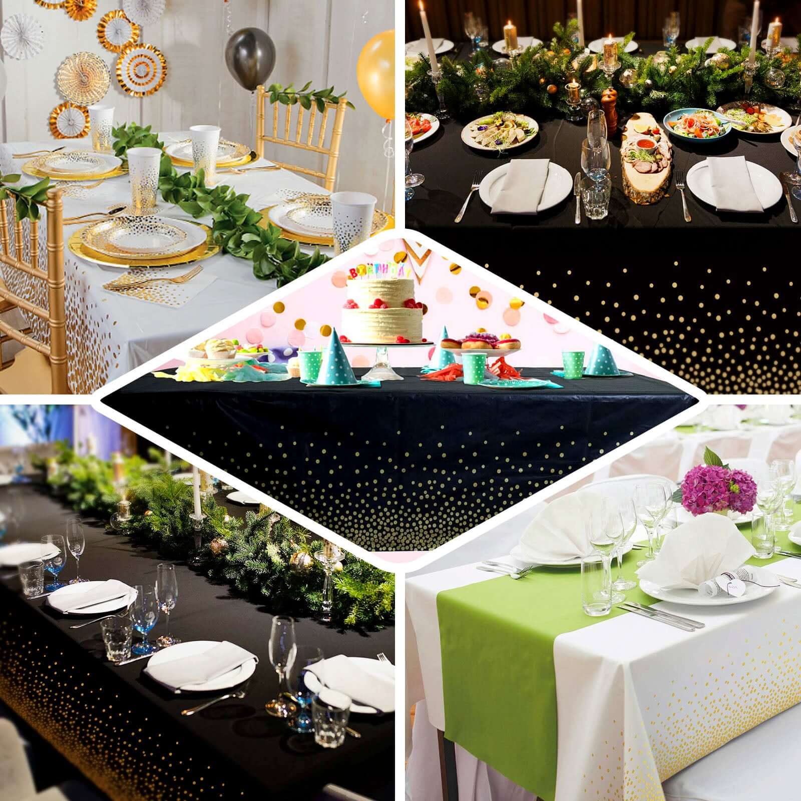 5-Pack Disposable PVC White Rectangle Table Covers with Gold Confetti Dots - Ideal for Events