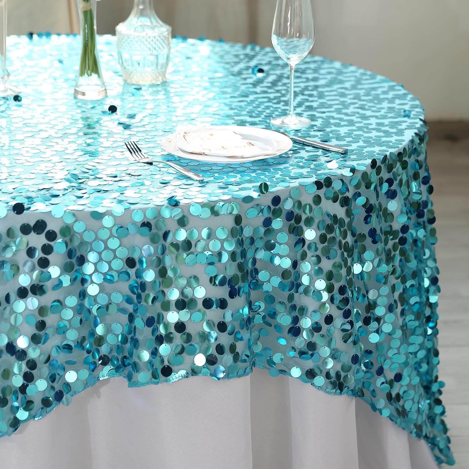 Big Sale! Turquoise Sequin Square Table Overlay, 72x72 Inches for Table Decoration