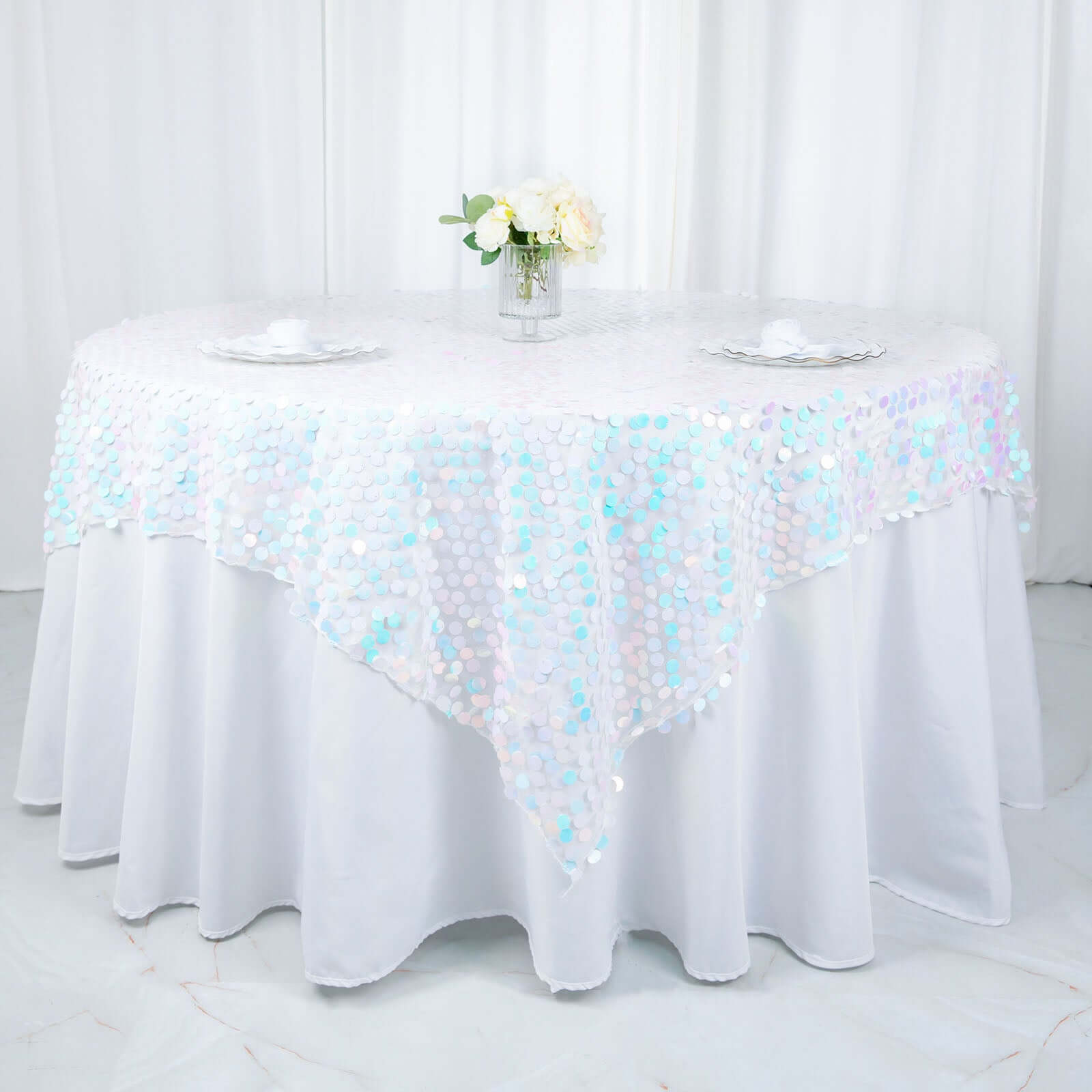 18mm Sequin 72x72 Square Table Overlay in Iridescent Blue for Big Tables