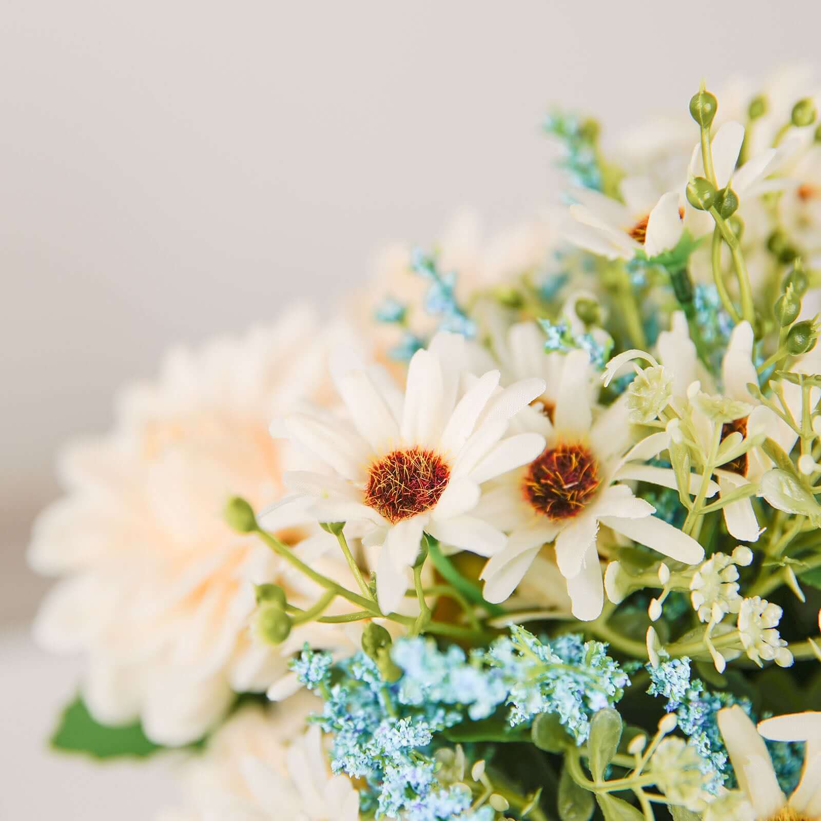 Hot Sale! 2 Bushes Artificial Silk Ivory and Blue Dahlia Flower Bouquet Spray for Decor