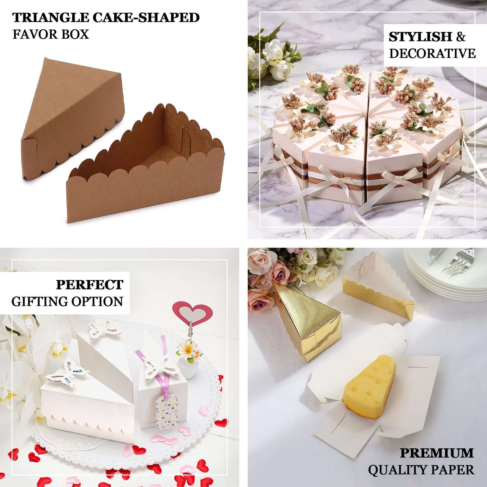 10-Pack Blush Cardstock Triangle Cake Slice Boxes with Scalloped Tops for Dessert Takeaways