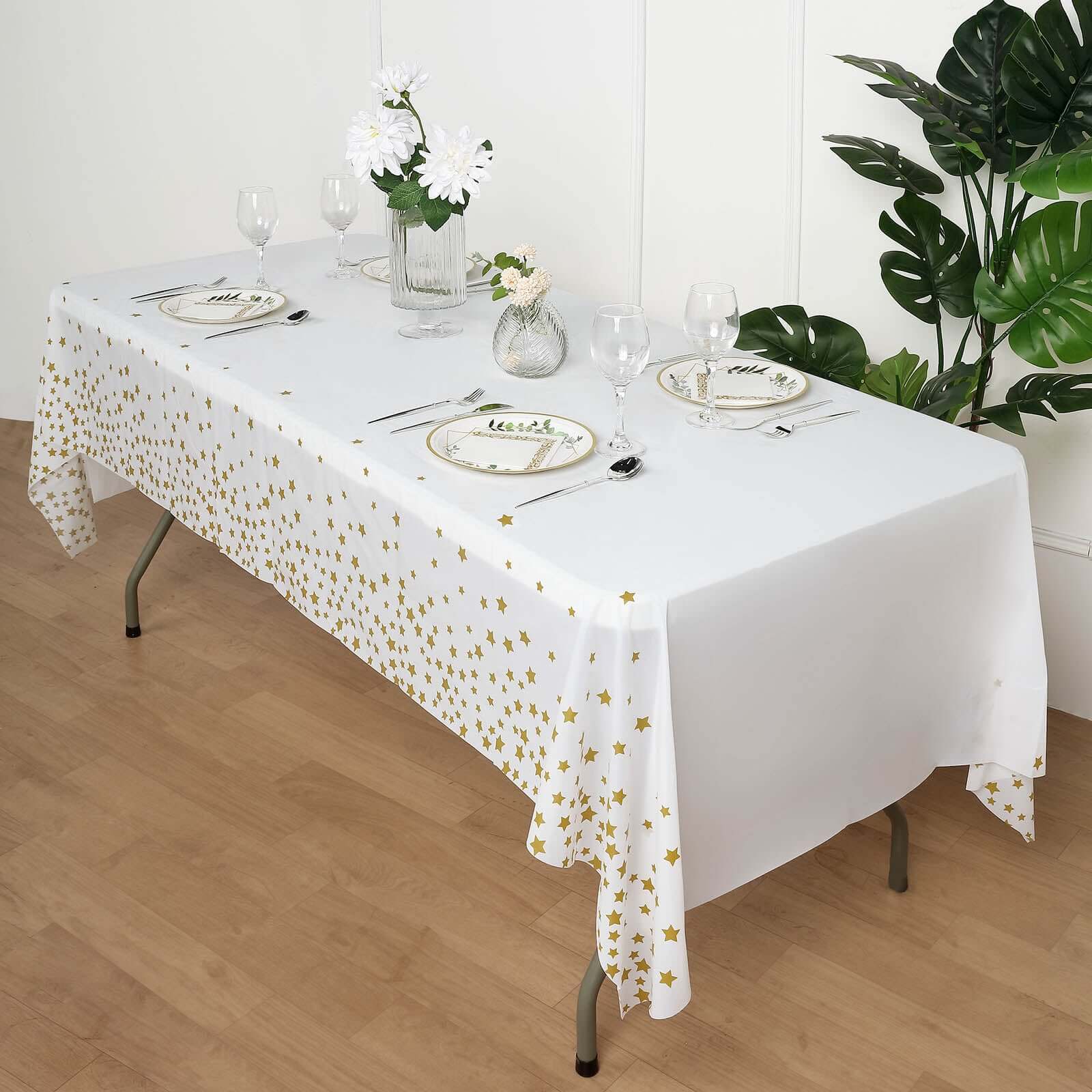 5-Pack Disposable White PVC Table Covers with Gold Stars, 54x108 Rectangle