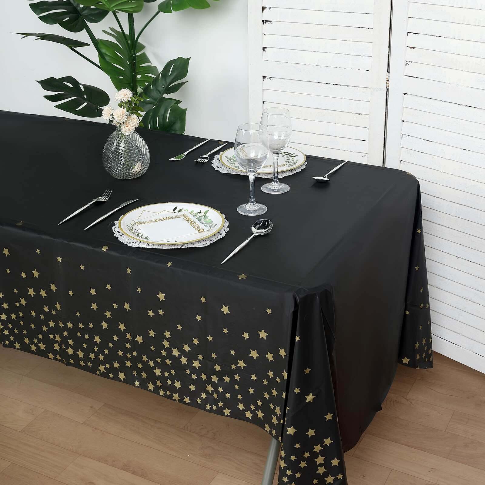 5-Pack Premium Disposable PVC Table Covers: Black Rectangle with Gold Stars, 54x108