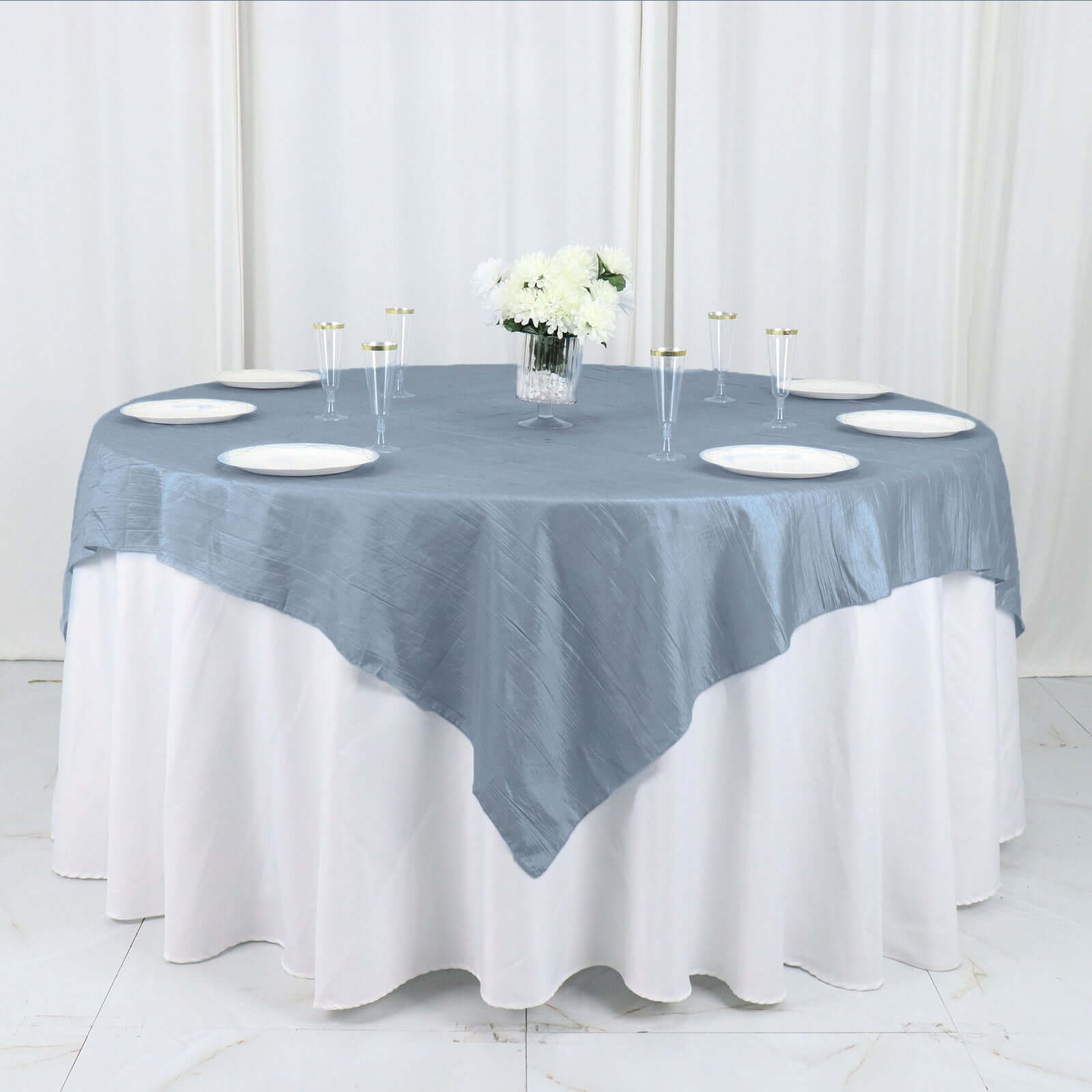 Special Offer! Dusty Blue Accordion Crinkle Taffeta Square Table Overlay 72x72