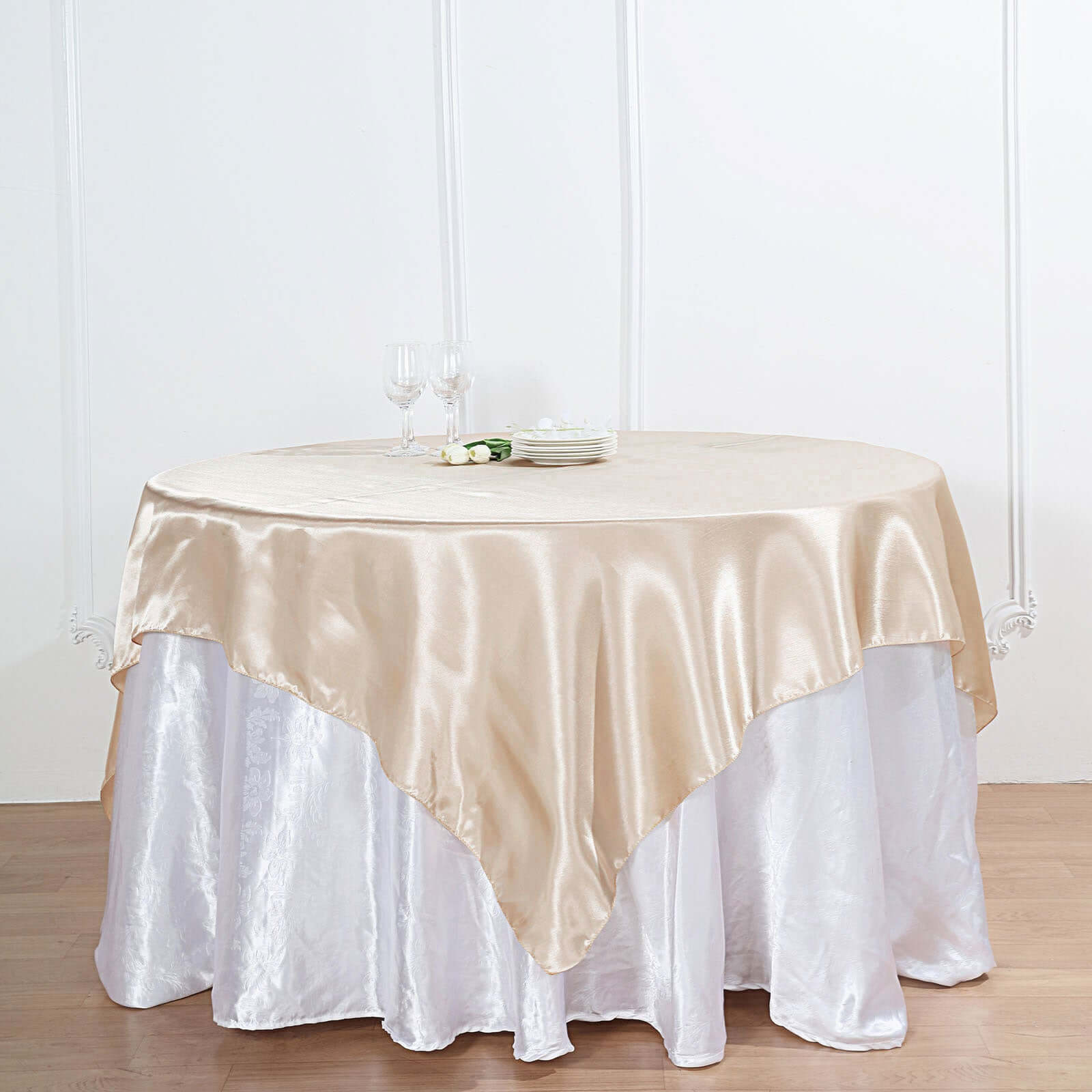 Beige Satin 60x60 Square Table Overlay - Smooth & Silky Table Cover, Great Deal
