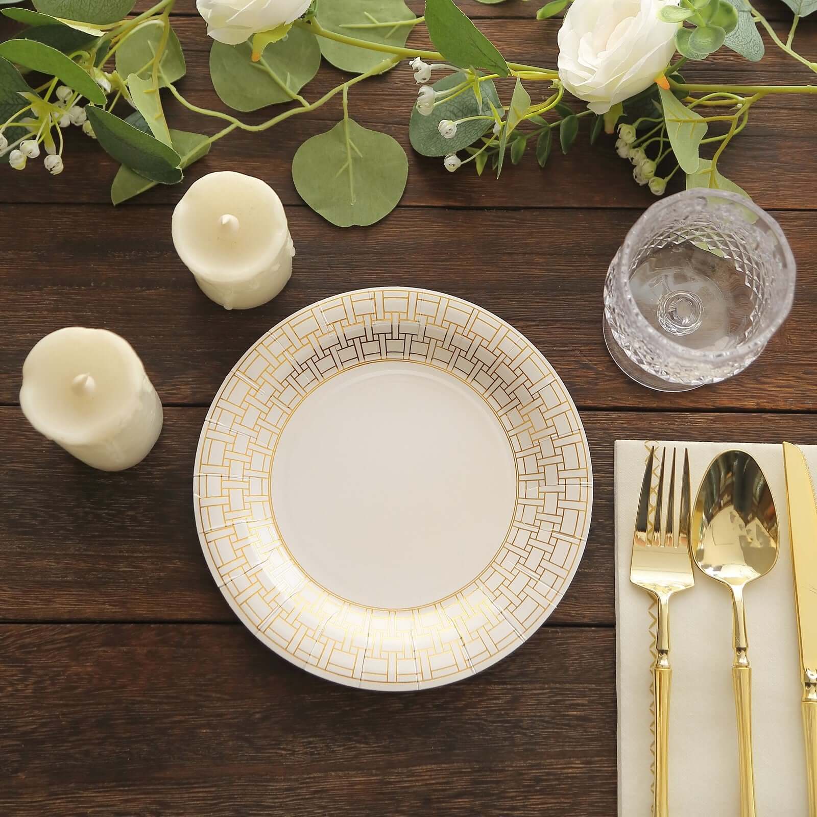25-Piece Set of White Round Dessert Paper Plates with Elegant Gold Basketweave Rim