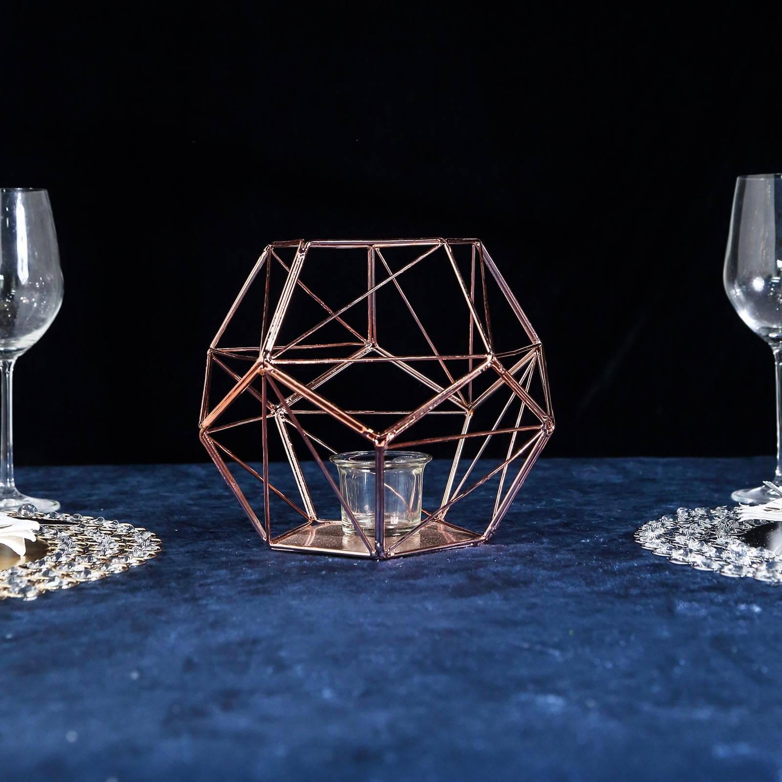 Stunning Rose Gold Metal Pentagon Prism Geometric Tealight Candle Holder - Ideal for Decor