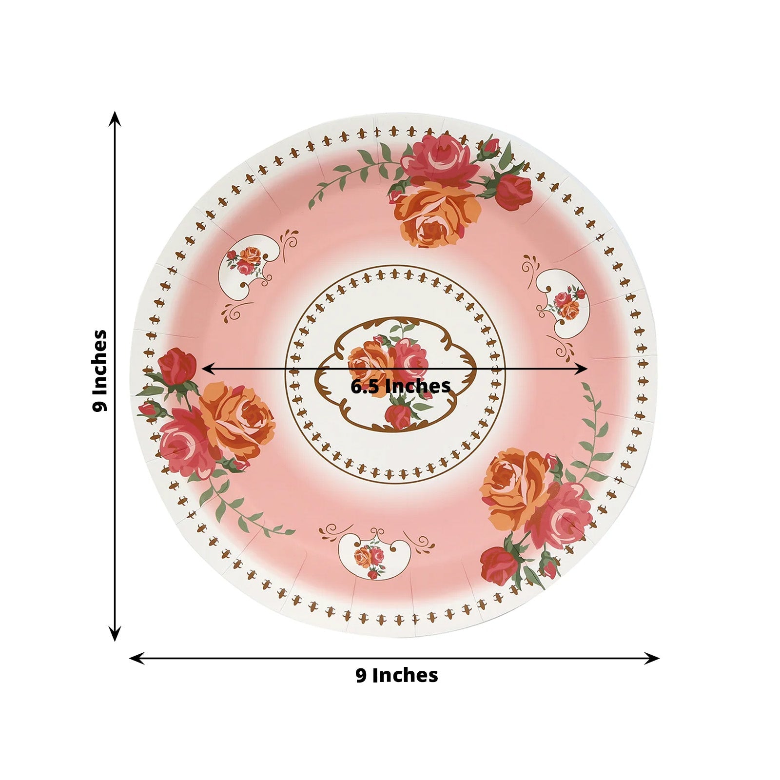 25-Piece Set of 9-Inch Disposable Dusty Rose Paper Dinner Plates with Vintage Rose Prints