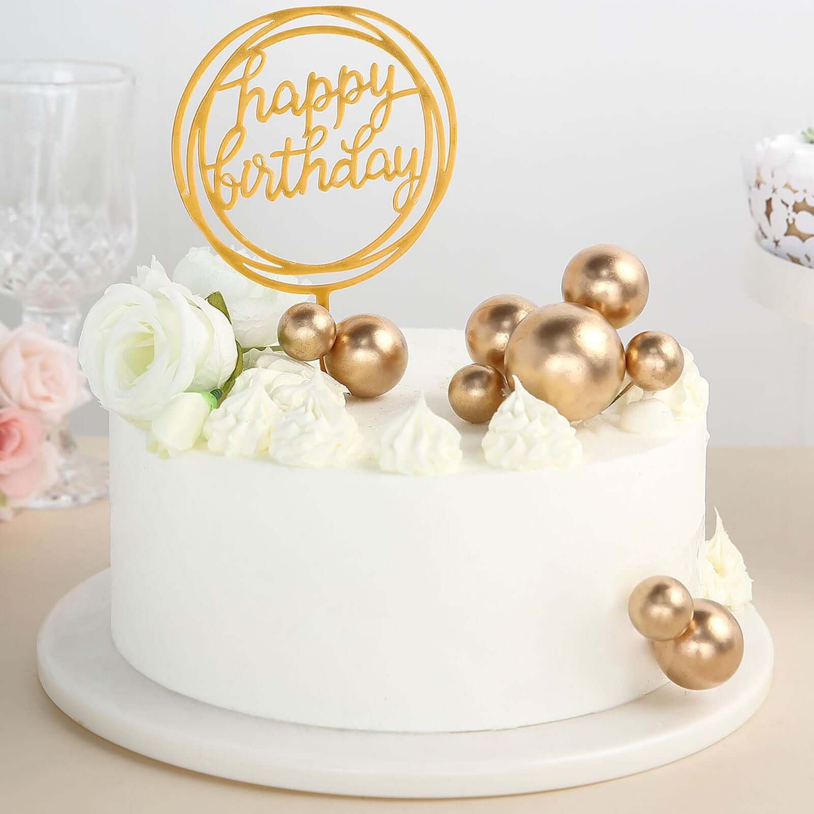 12 Pieces Gold Faux Pearl Ball Cake Toppers in Assorted Sizes for DIY Cupcake Decor