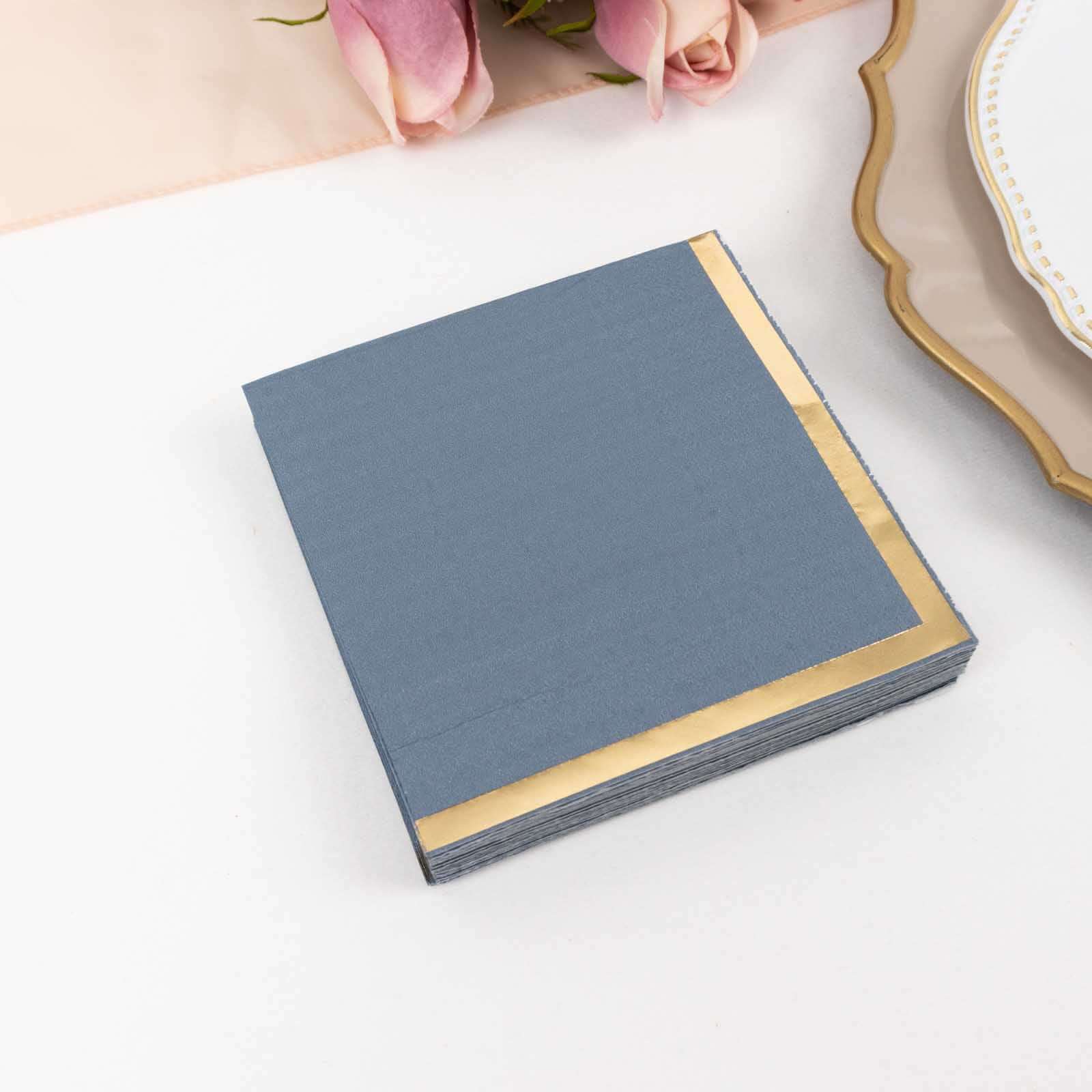 Hot! 50-Pack 2-Ply Disposable 18GSM Dusty Blue Cocktail Napkins with Gold Foil Edge 5x5
