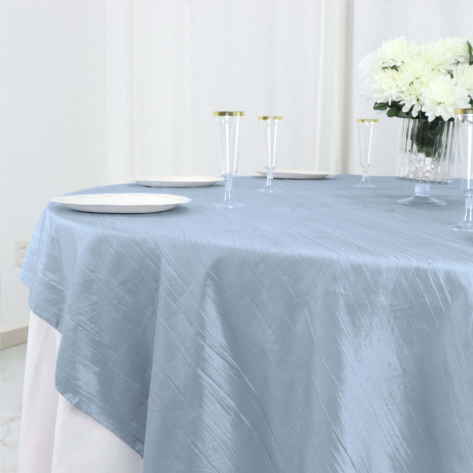 Special Offer! Dusty Blue Accordion Crinkle Taffeta Square Table Overlay 72x72