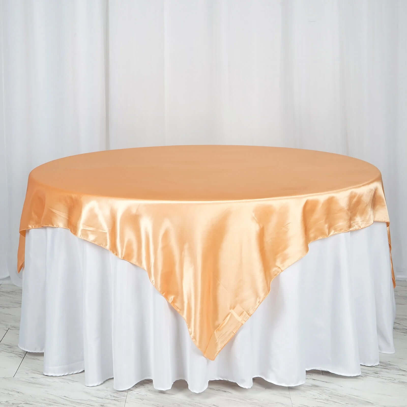 Hot! Peach Satin 72x72 Square Table Overlay with Smooth Finish
