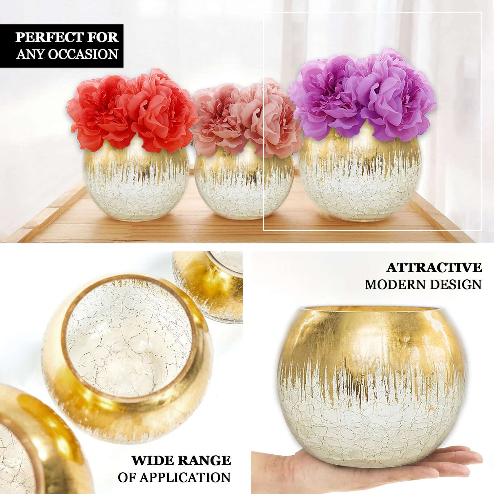 Stylish Gold Foiled Crackle Glass Flower Vase - Ideal Centerpiece for Events, 4.5