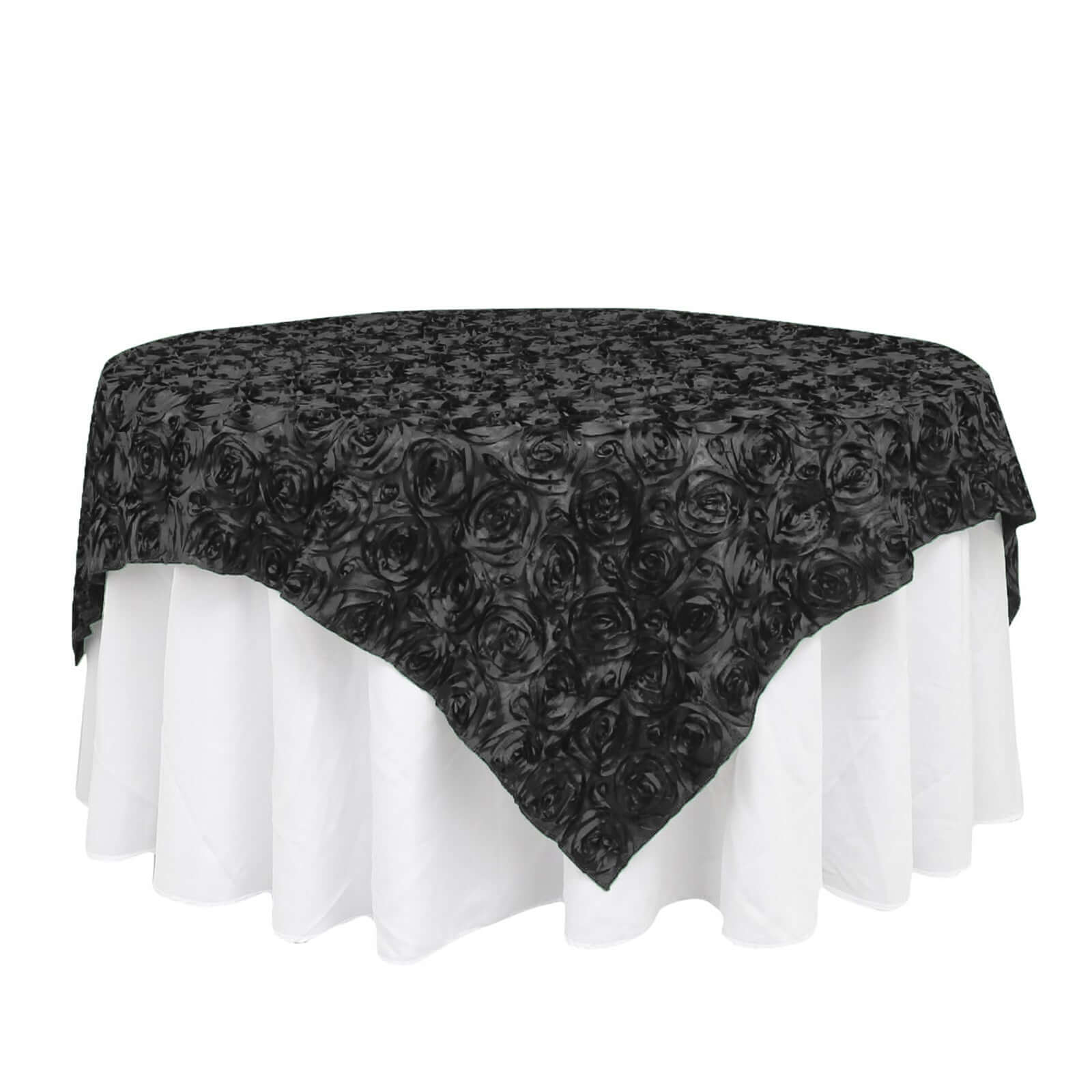 Black 72x72 Satin Square Table Overlay with 3D Rosette Design - Ideal for Stylish Events
