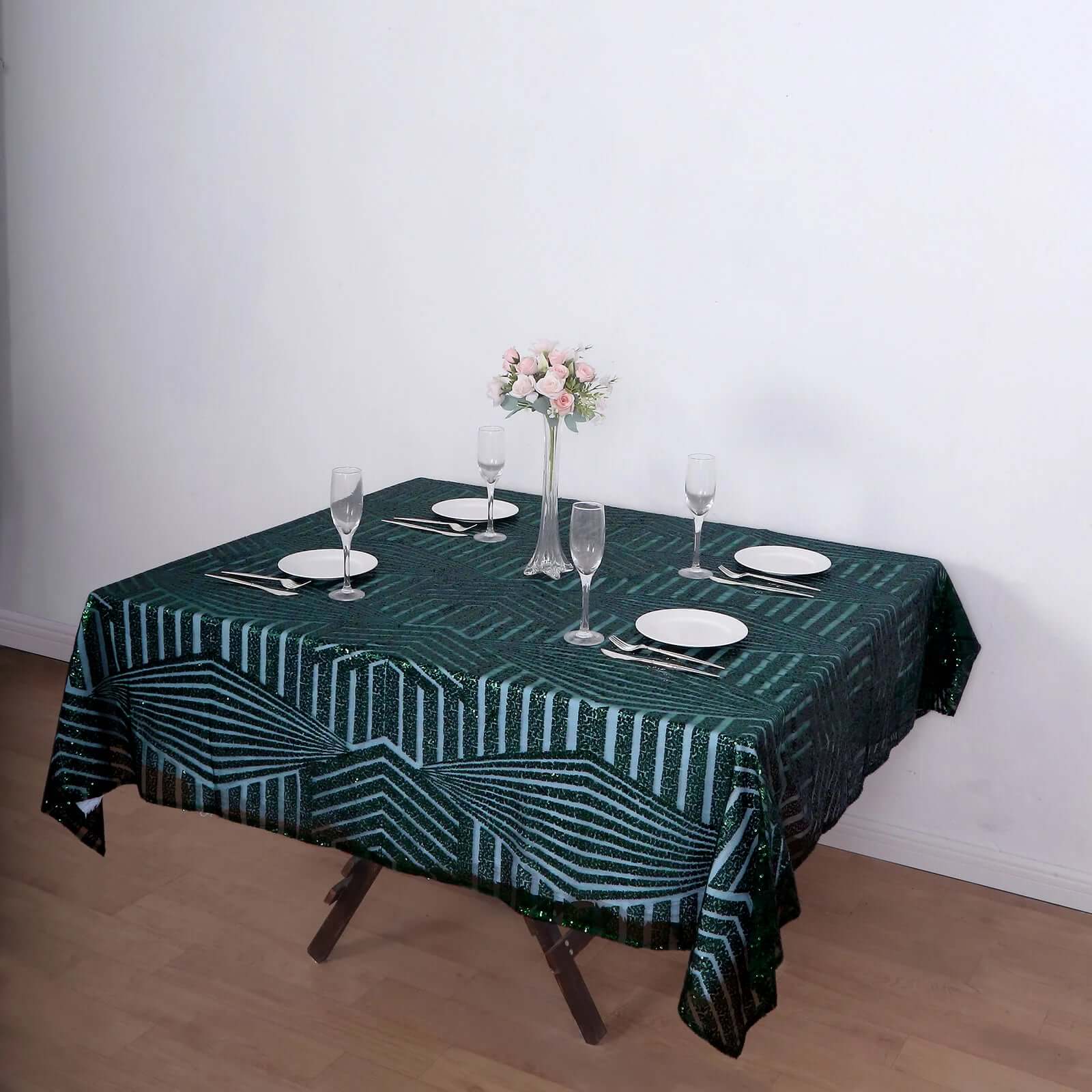 72-Inch Square Hunter Emerald Green Diamond-Pattern Sequin Table Overlay Topper