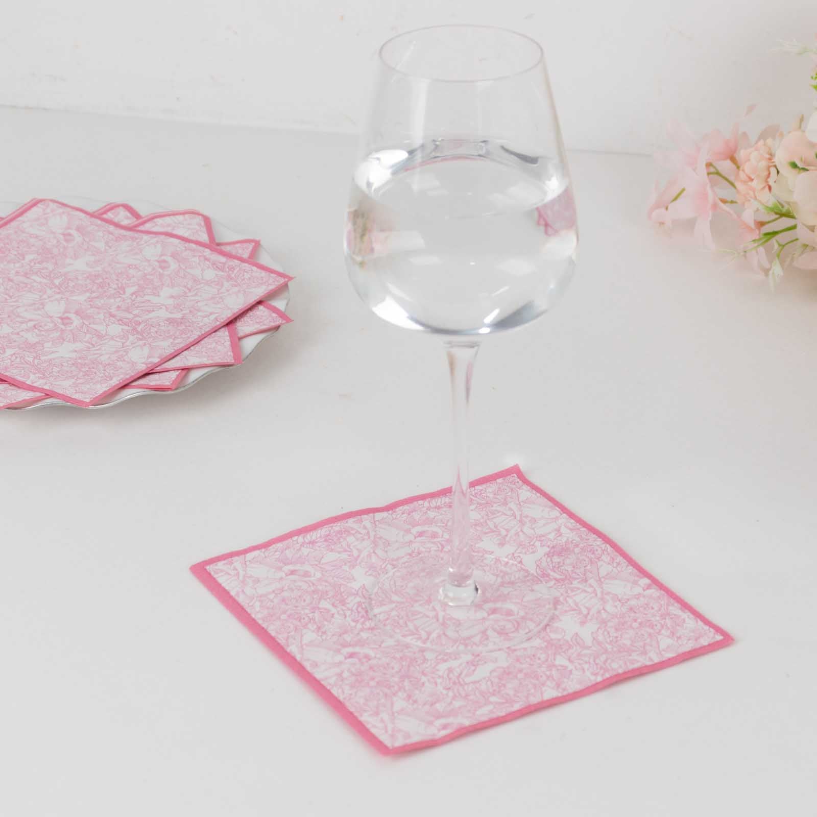25-Pack Disposable Paper Cocktail Napkins with French Toile Floral Print in White/Pink - Highly Absorbent 2 Ply