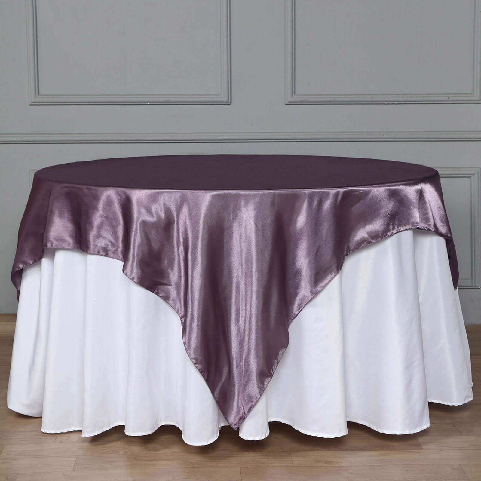 Exclusive 72x72 Violet Amethyst Satin Square Table Overlay with Smooth Finish
