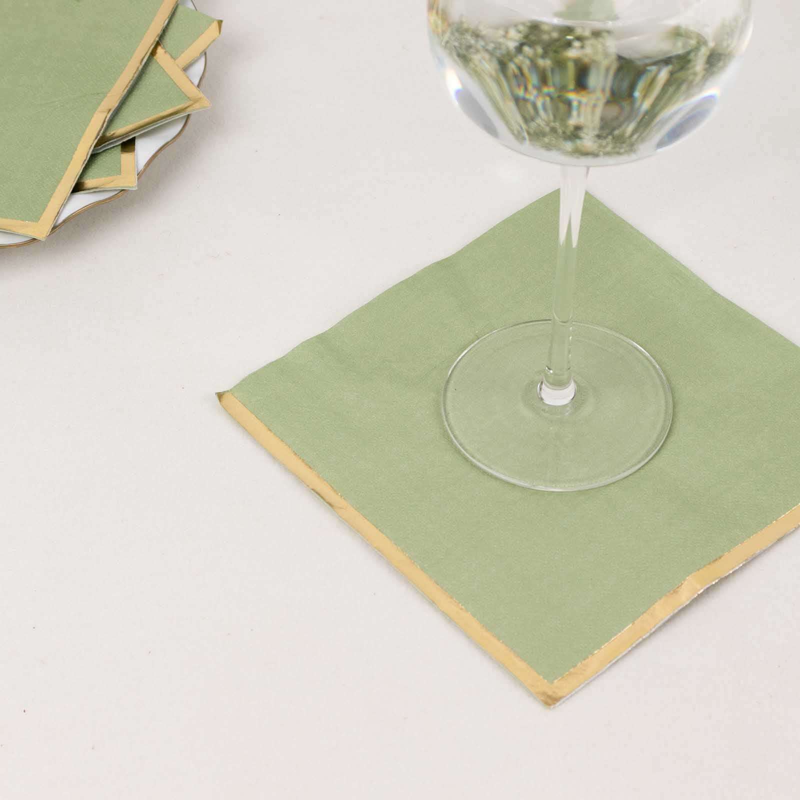50-Pack Disposable 2-Ply Sage Green Paper Beverage Napkins with Gold Foil Edge - Ideal for Events