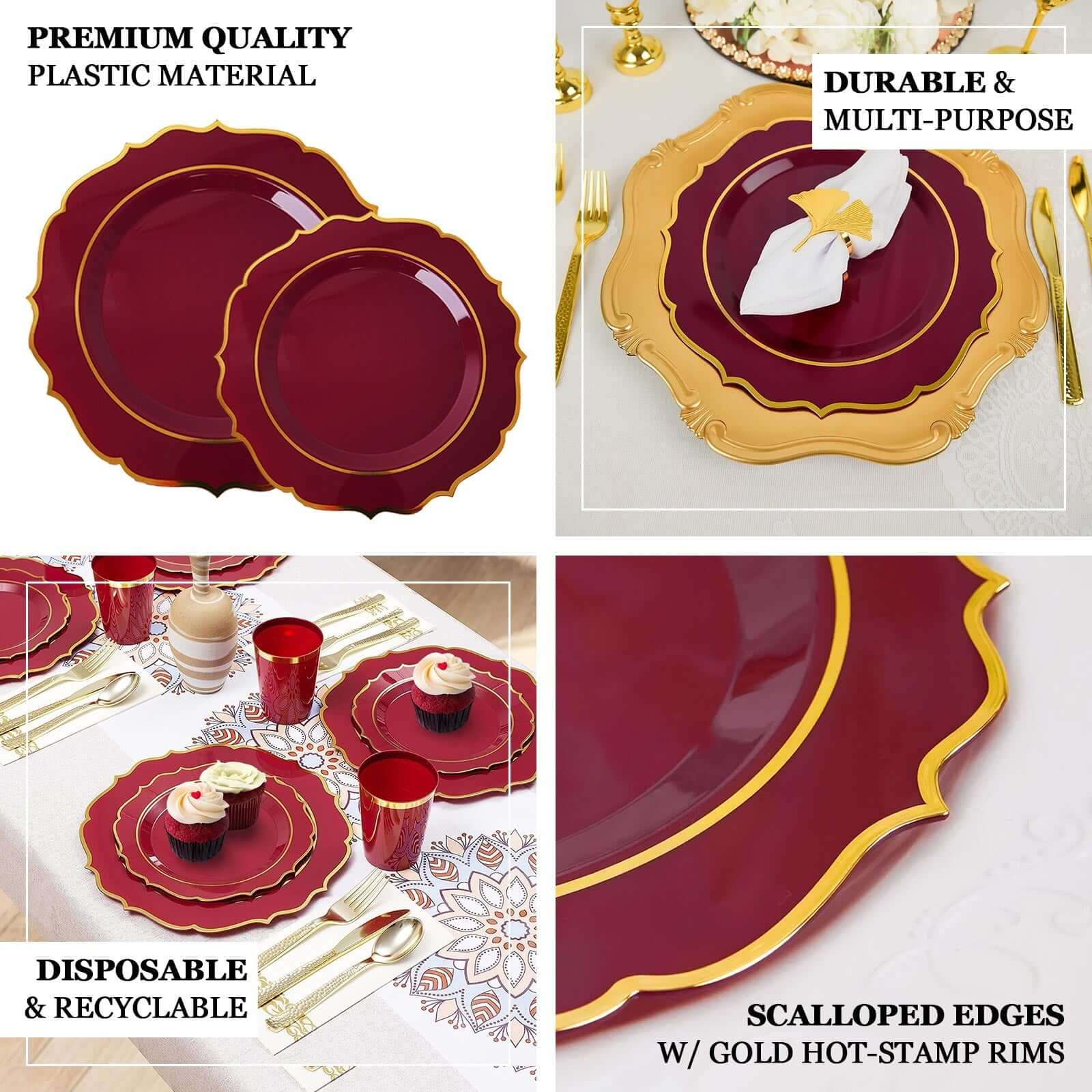 10-Piece Set of Disposable Burgundy Plastic Round Desert Plates with Gold Scalloped Rim, 8-Inch